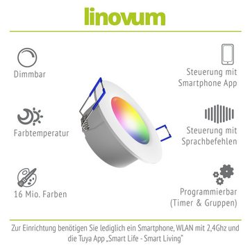 linovum LED Einbaustrahler 4x WEEVO smarter LED Einbauspot flach rund IP44 mit Alexa Google Home, LED-Leuchtmittel fest verbaut