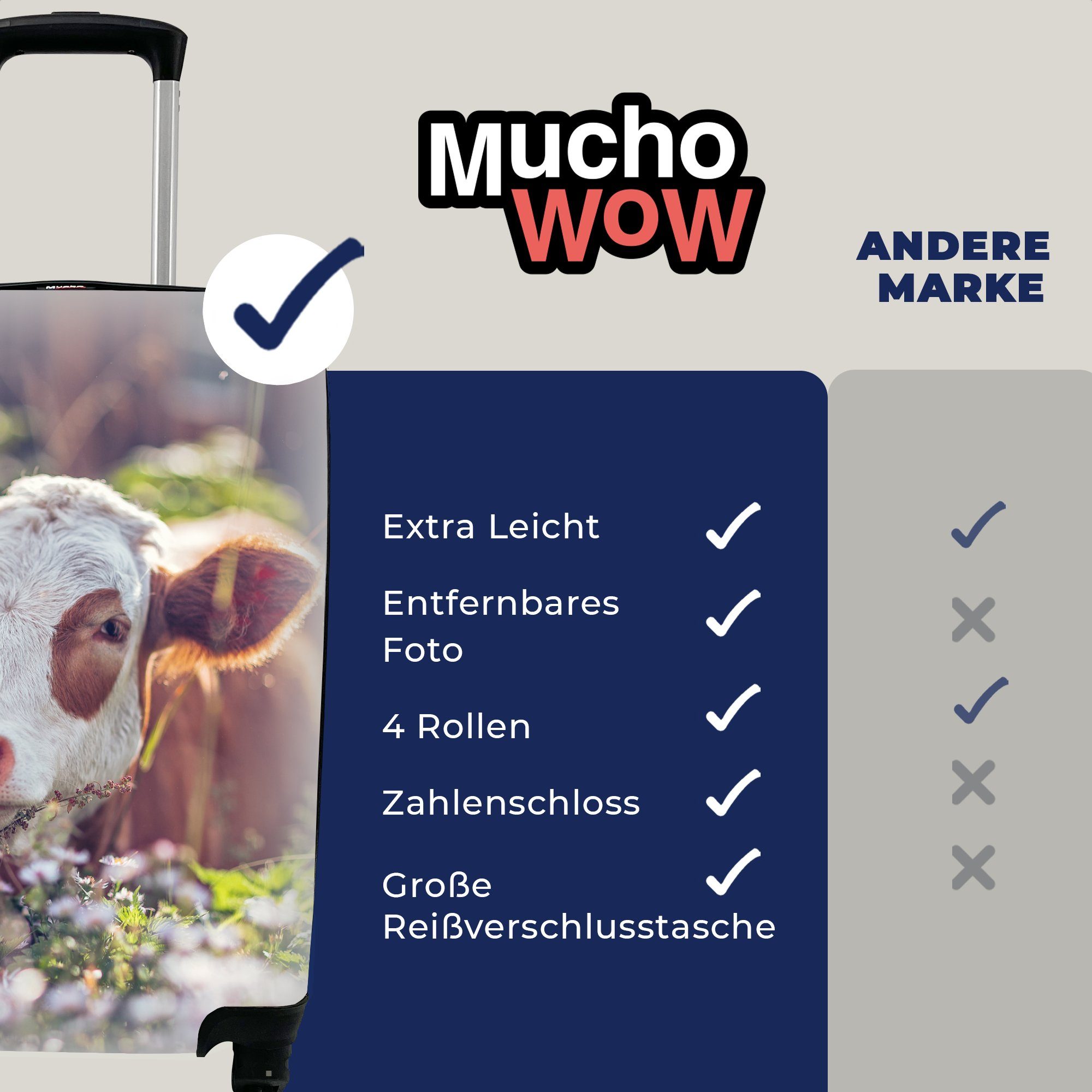 MuchoWow Handgepäckkoffer Kuh - Handgepäck Reisekoffer Rollen, - für Reisetasche mit Trolley, 4 Ferien, Licht, rollen, Blumen