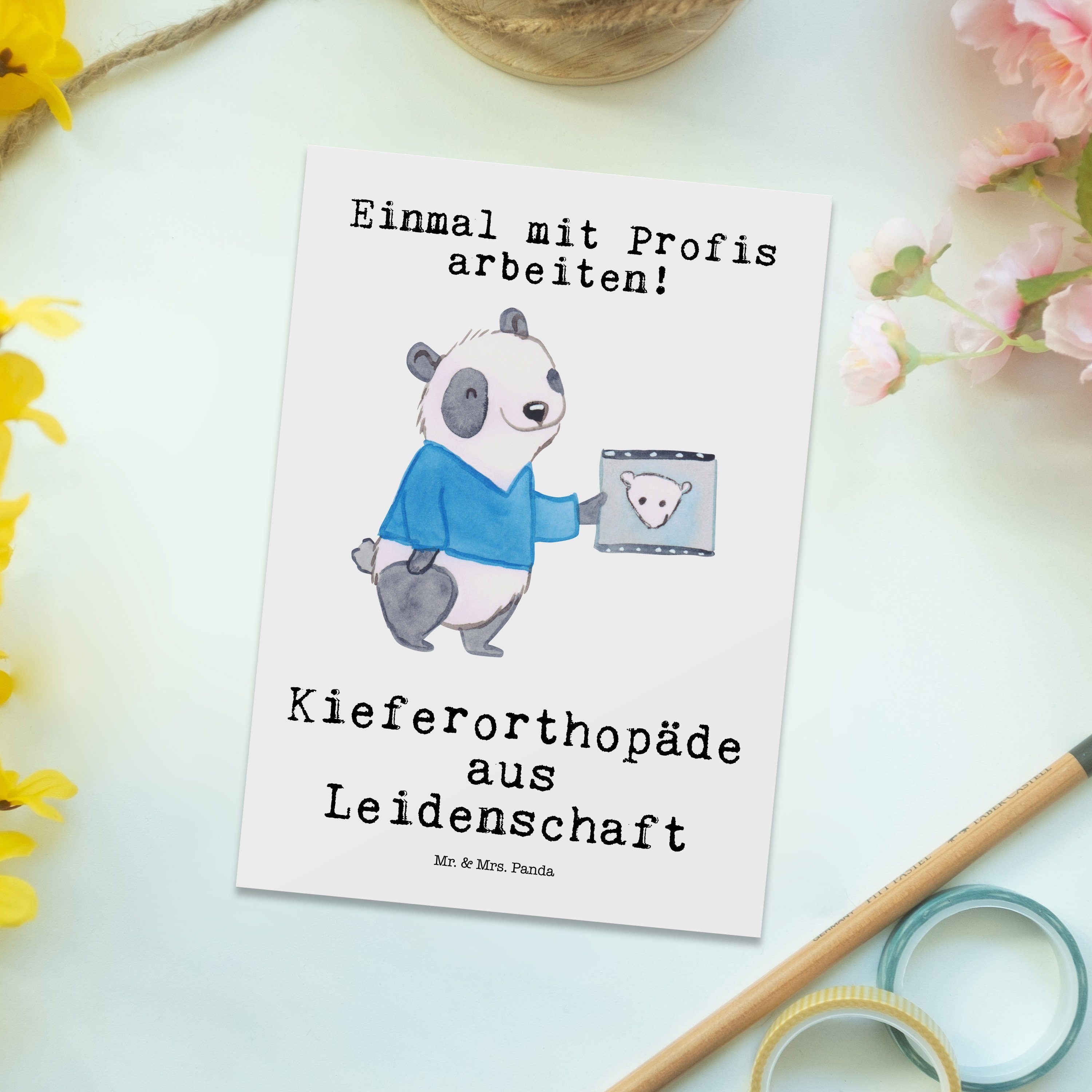 Mr. & Mrs. Panda Postkarte Mitarbeiter, Weiß - aus Leidenschaft Geschenk, Gruß Kieferorthopäde 