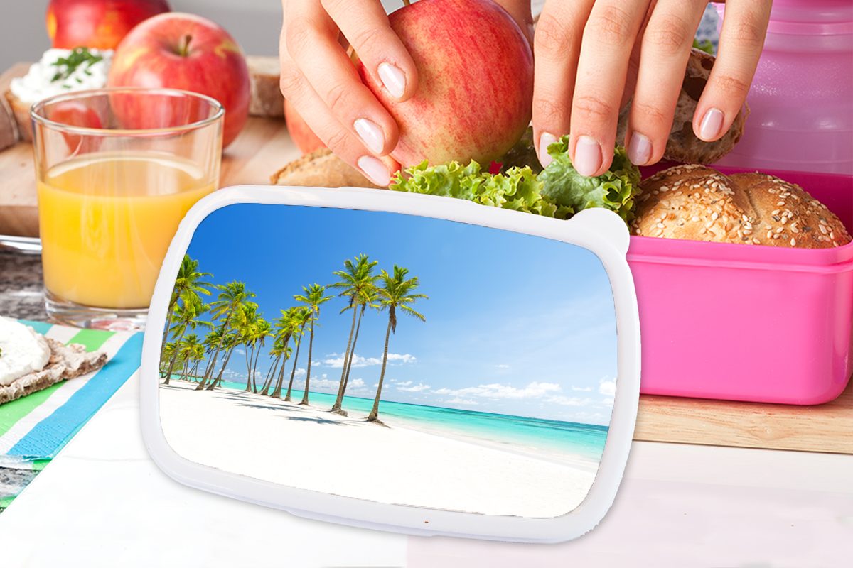 MuchoWow Lunchbox - Brotbox Palme, für Kinder, Snackbox, Kunststoff Tropisch - (2-tlg), Strand rosa Erwachsene, Mädchen, Kunststoff, Brotdose