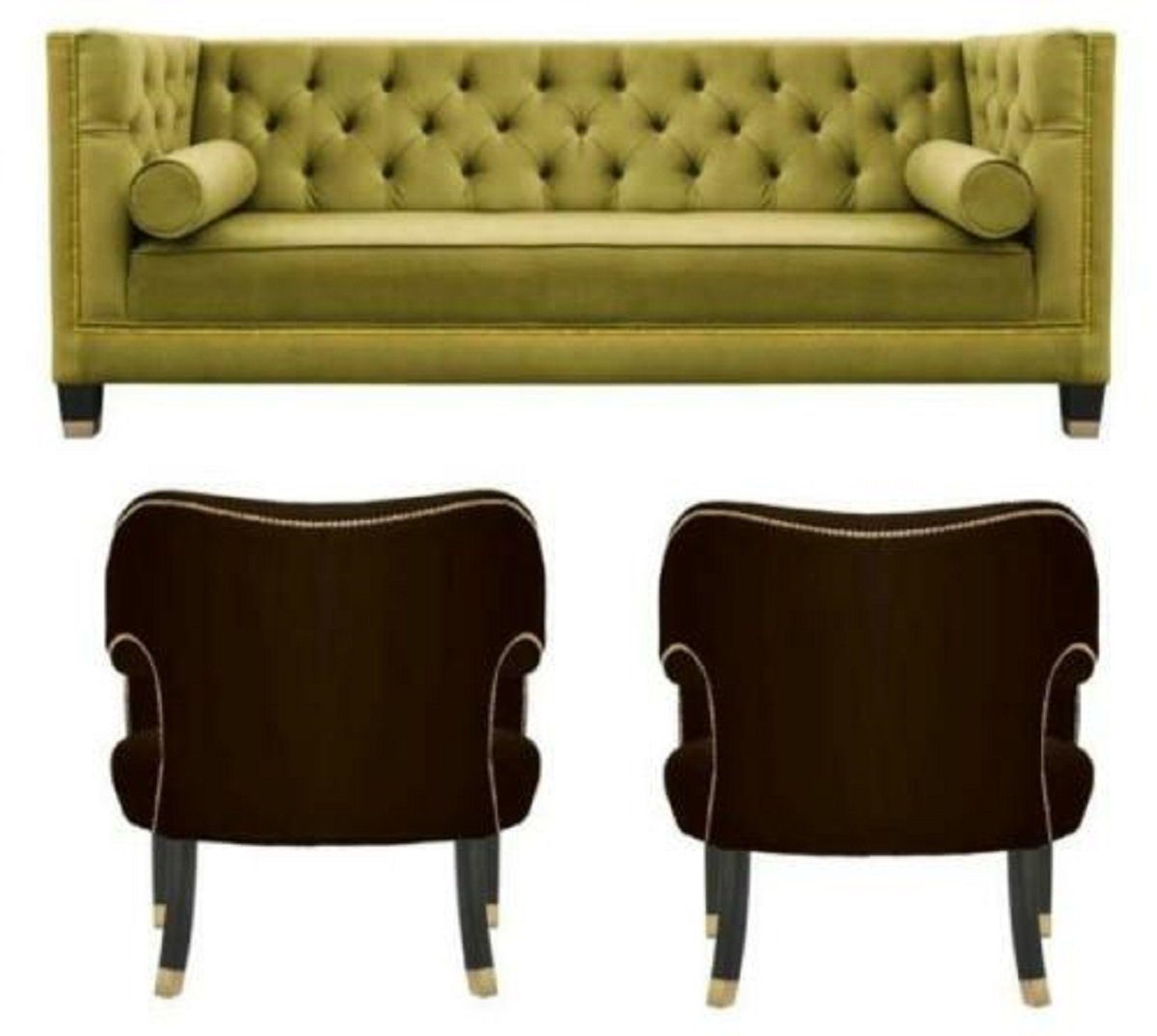 JVmoebel Sofa Sofagarnitur Gelbe Chesterfield Couch Samt Sofa Einsitzer 3tlg., Made in Europe