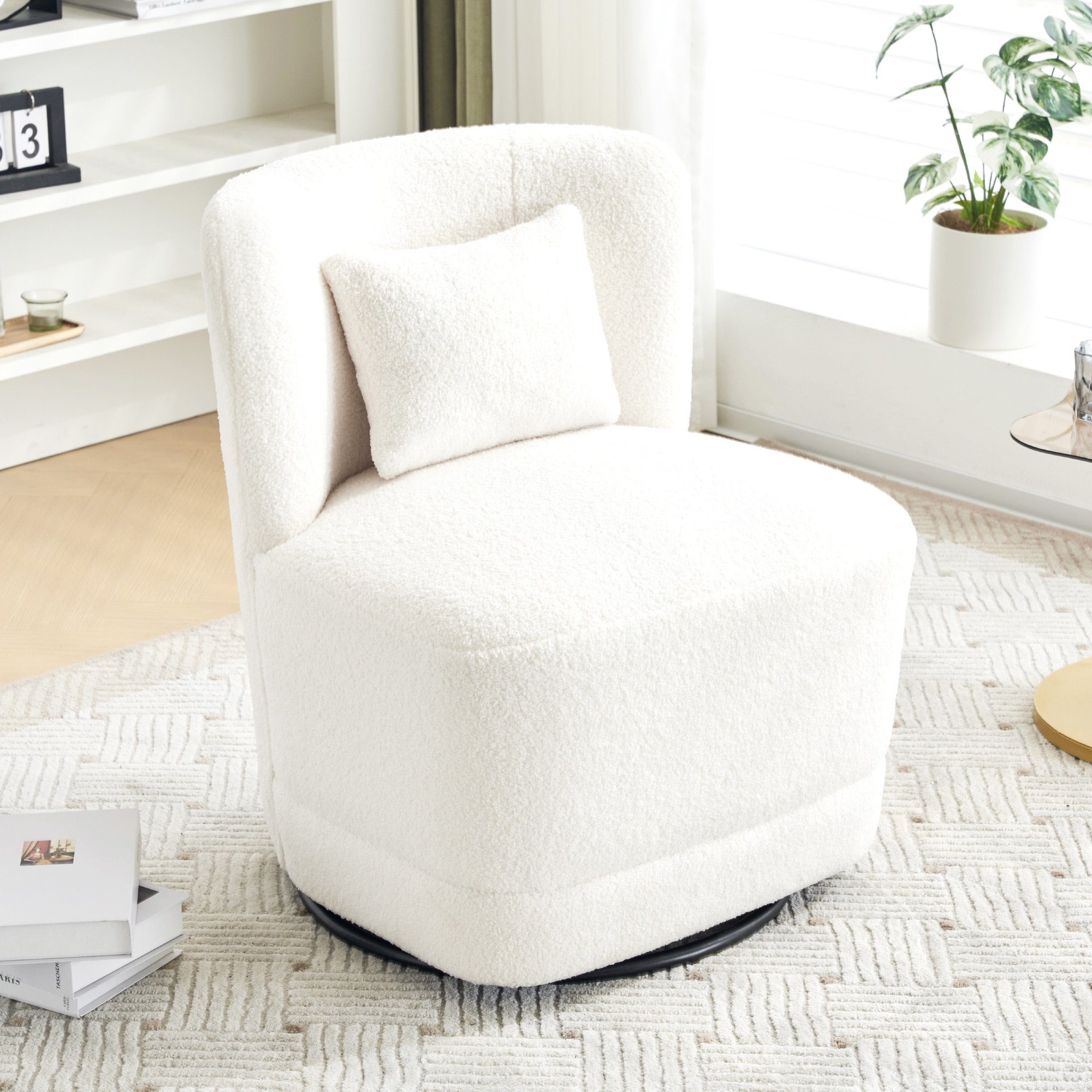 KLAM HOME Relaxsessel Ruhesessel Einzelsessel mit Lendenkissen (für Wohn-, Schlaf- und Arbeitszimmer, Freizeitstuhl), 360° drehbar Drehsessel bis 150kg belastbar weiß | weiß | weiß