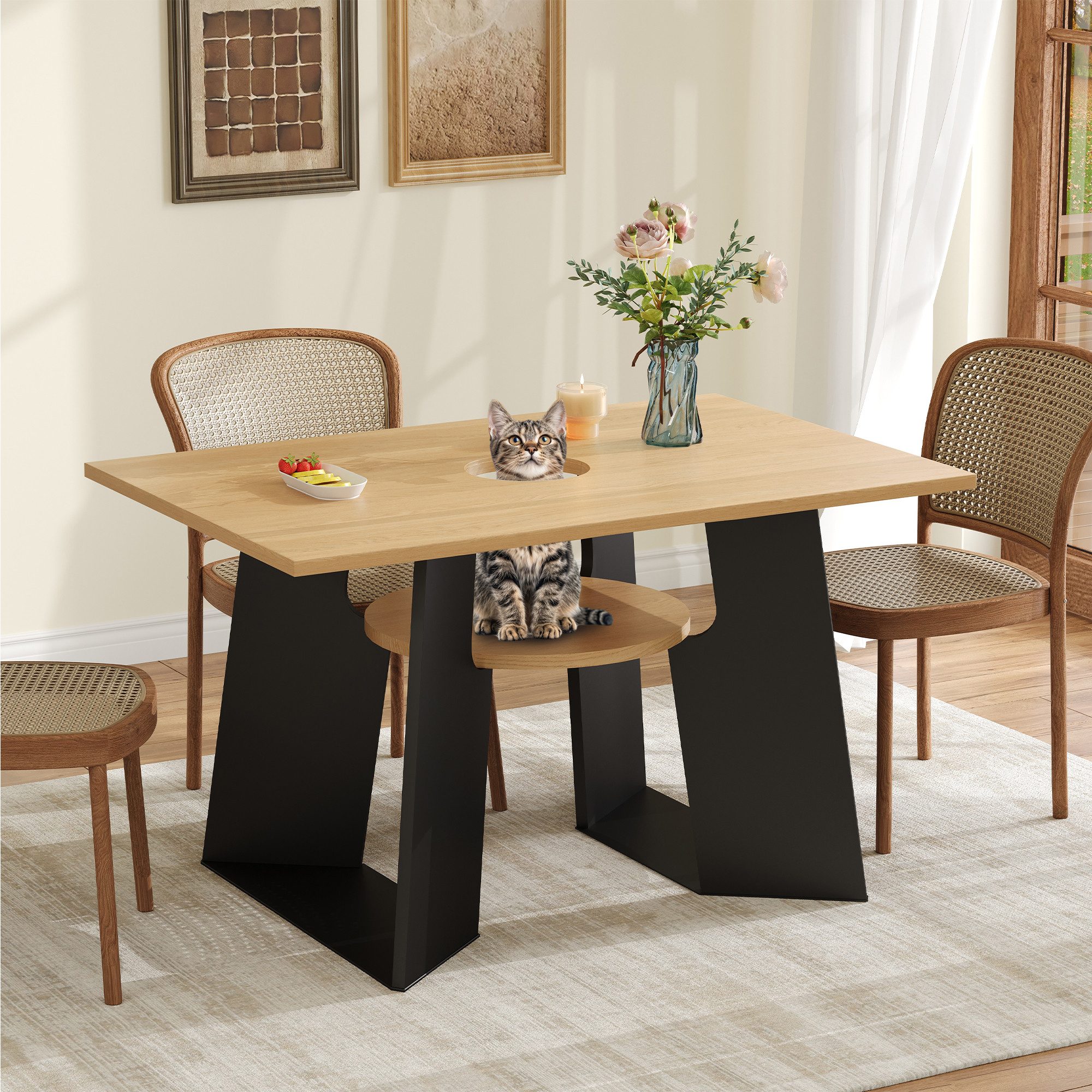 BlingBin Esstisch Esszimmer-Küchentisch mit Haustierbereich & Ablagebrettchen (1er Set, 1-St., Maße: 130 x 85 x 75 cm, Tischplatte: Tragfähigkeit von 40 kg), Beistelltisch Rechteckig für 6 Personen, Naturholz-Schwarz Mix