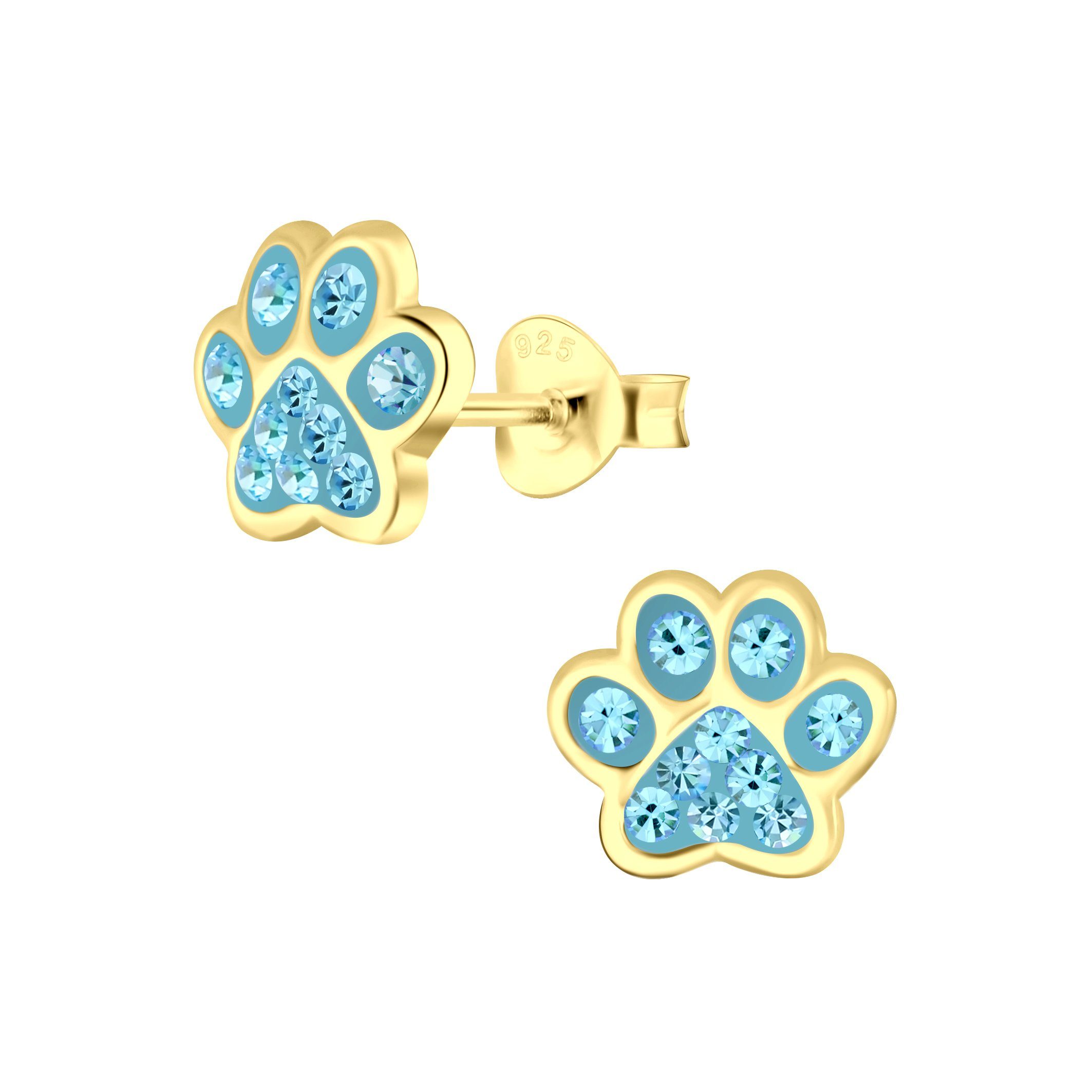 schmuck23 Paar Ohrstecker Ohrringe Kinderschmuck, Kinderohrringe, Kinder Tatze Katze gold 925 Hund Hellblau Silber, Mädchen, Pfote Tierpfote