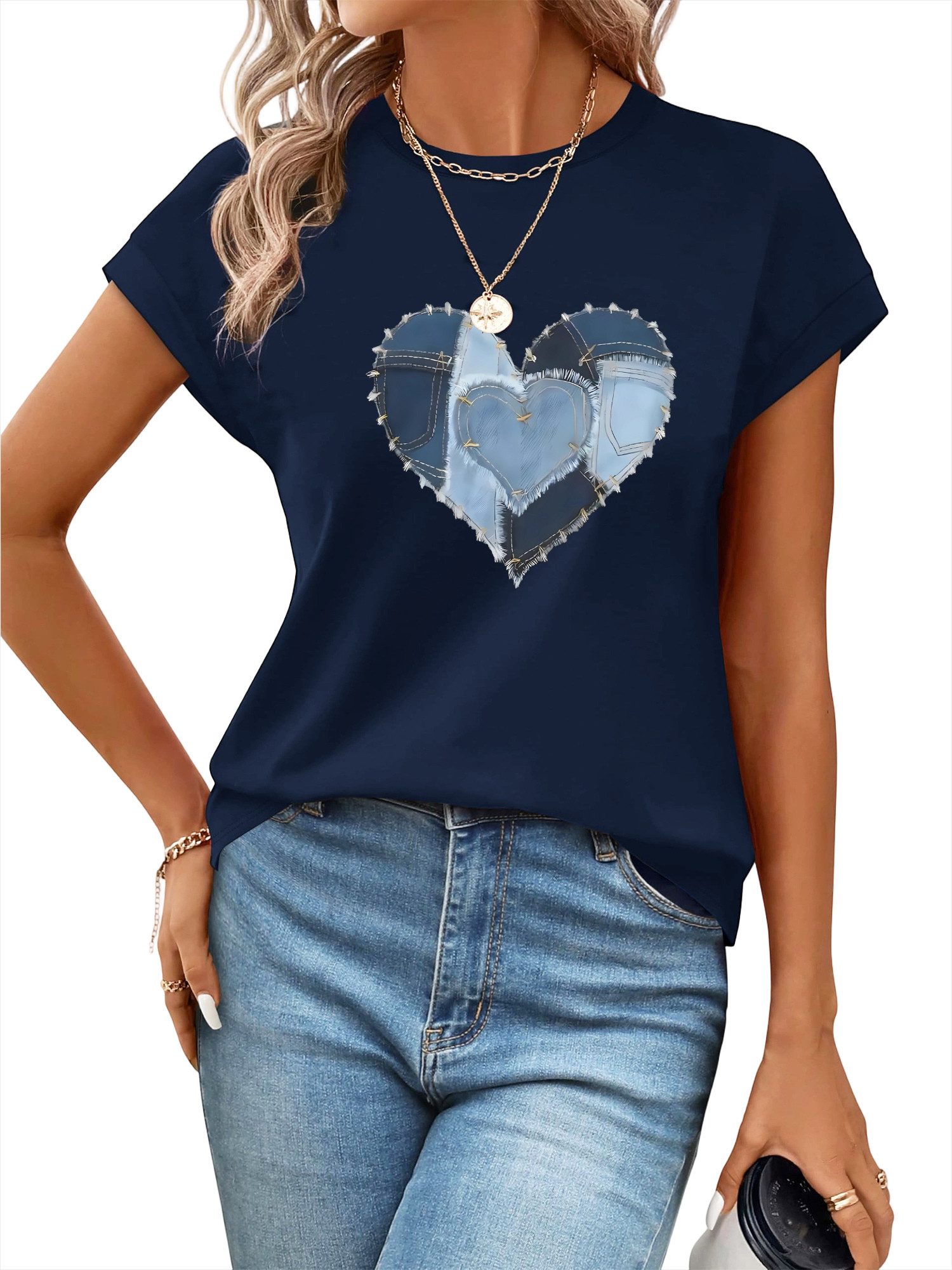 PYLIKE Carmenshirt Damen Sommer bequemes Kappenärmel mit Cowboy-Herz Print Modische Outfits Business Strand Urlaub Blusen Kleidung