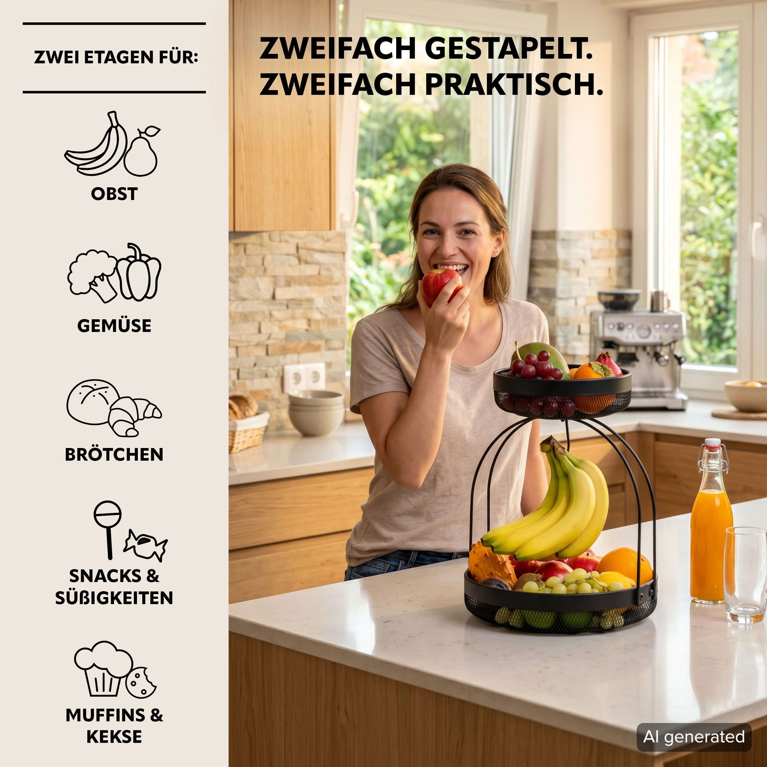 eluno Obstschale 2-stöckig mit Bananenhalter aus Metall, Metall, (1-tlg), mit Bananenhalterung – Bild 2 von 5