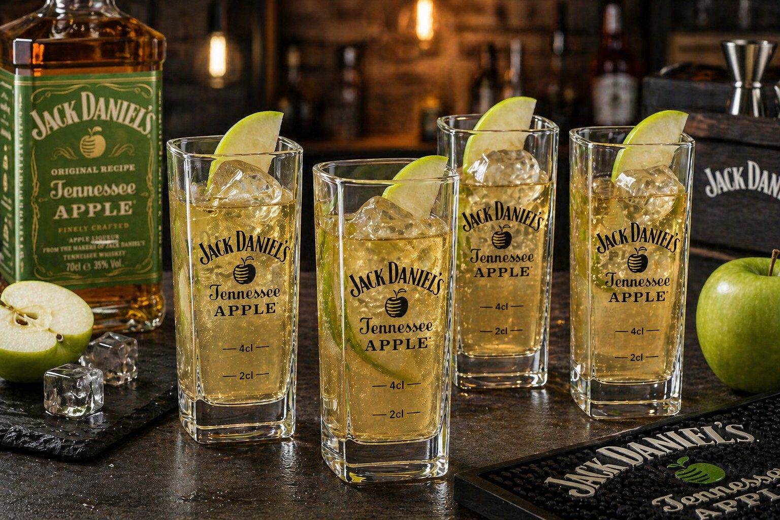 Jack Daniels Gläser-Set Tennessee Apple Gläser-Set 4x Longdrink Glas 2cl / 4cl geeicht, 4-tlg.