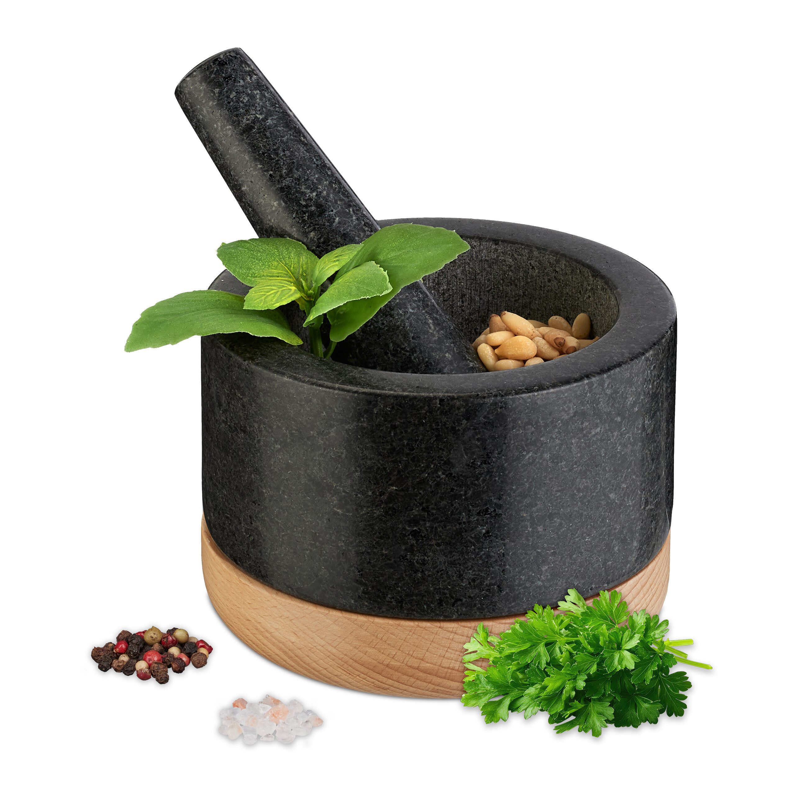 relaxdays Mörser mit Stößel und Holzuntersetzer, (Set, 1-tlg., Mörser mit Stößel und Untersetzer)