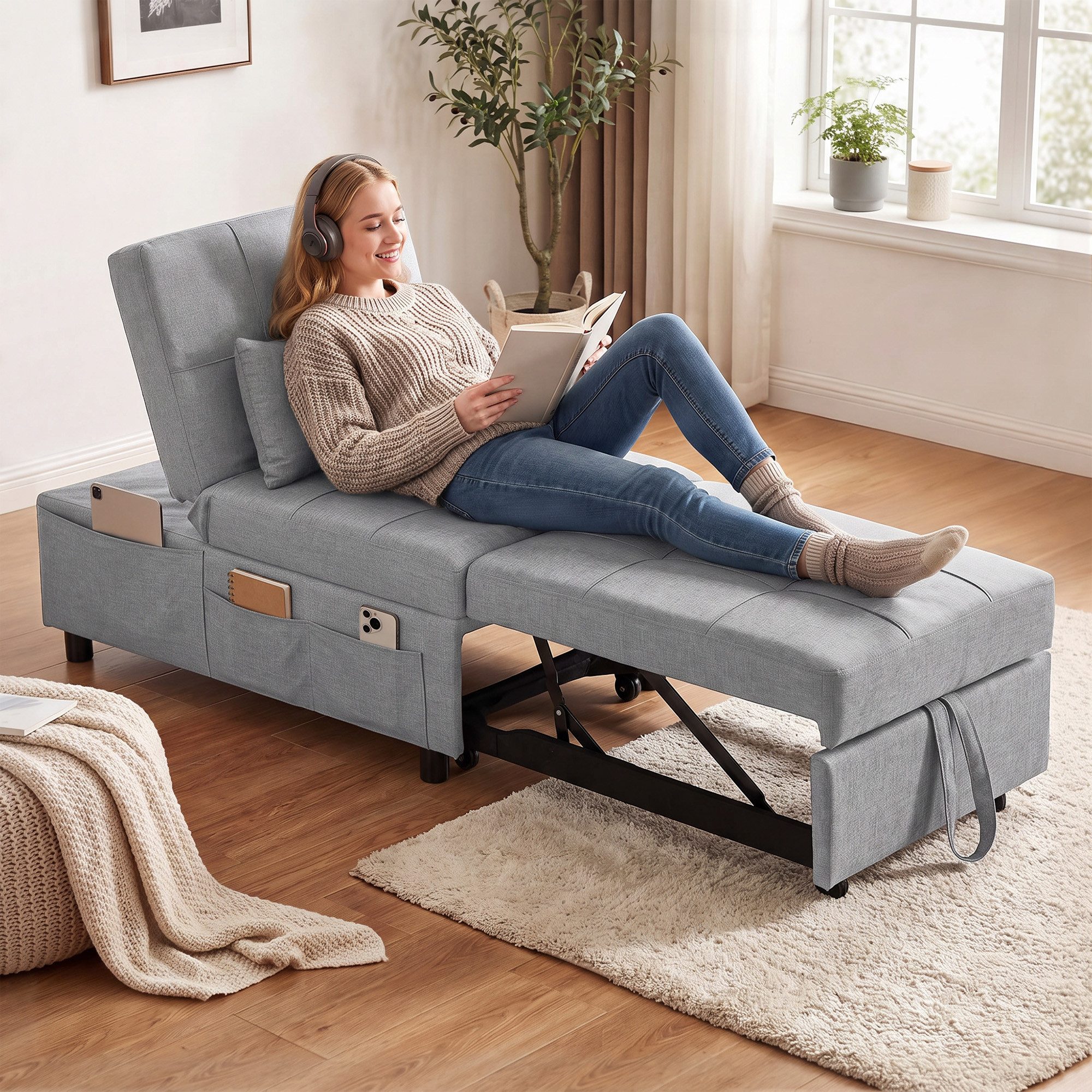 HOMCOM Schlafsofa Schlafsessel mit Bettfunktion, ausziehbares Schlafsofa, Set 1 Teile, Hellgrau 65,5 x 104 x 81 cm