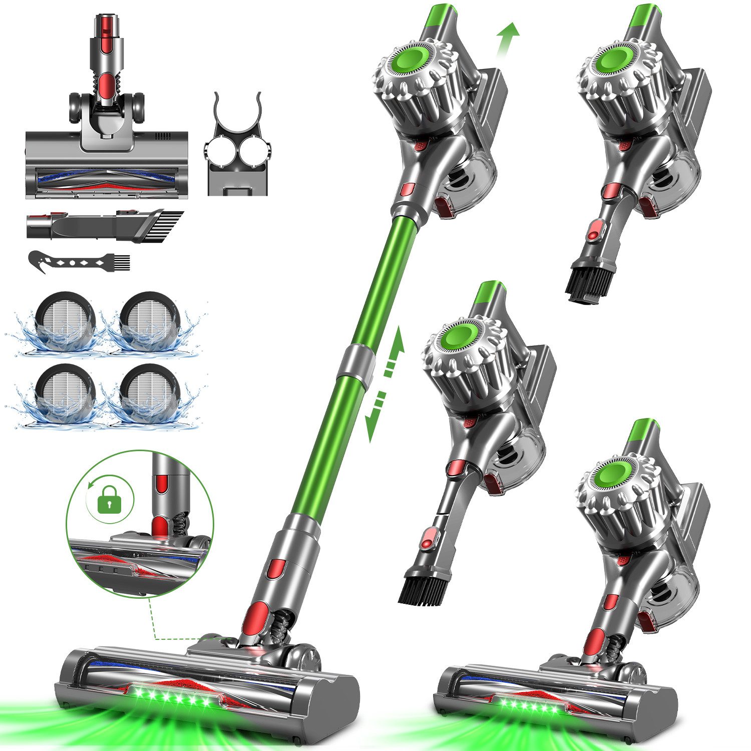 Adormii Akku-Hand-und Stielstaubsauger Akku Staubsauger,Staubsauger Kabellos 50kPa/60Min,GreenEye-Technologie, beutellos, Selbststehendes Design,Staubsauger für Tierhaare,Teppich und Hartboden