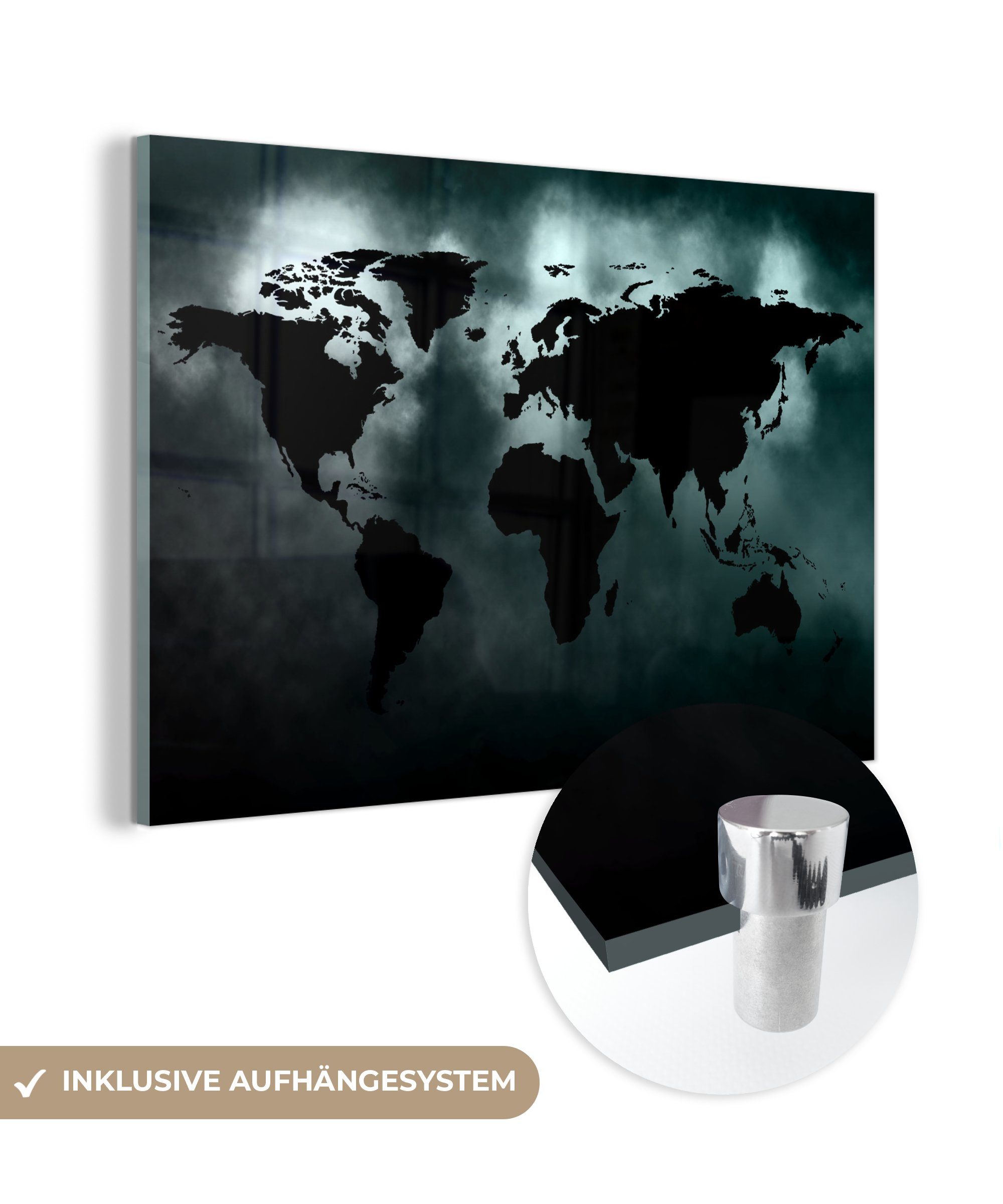 MuchoWow Acrylglasbild Weltkarte - Schwarz und weiß, (1 St), Glasbilder - Bilder auf Glas Wandbild - Foto auf Glas - Wanddekoration