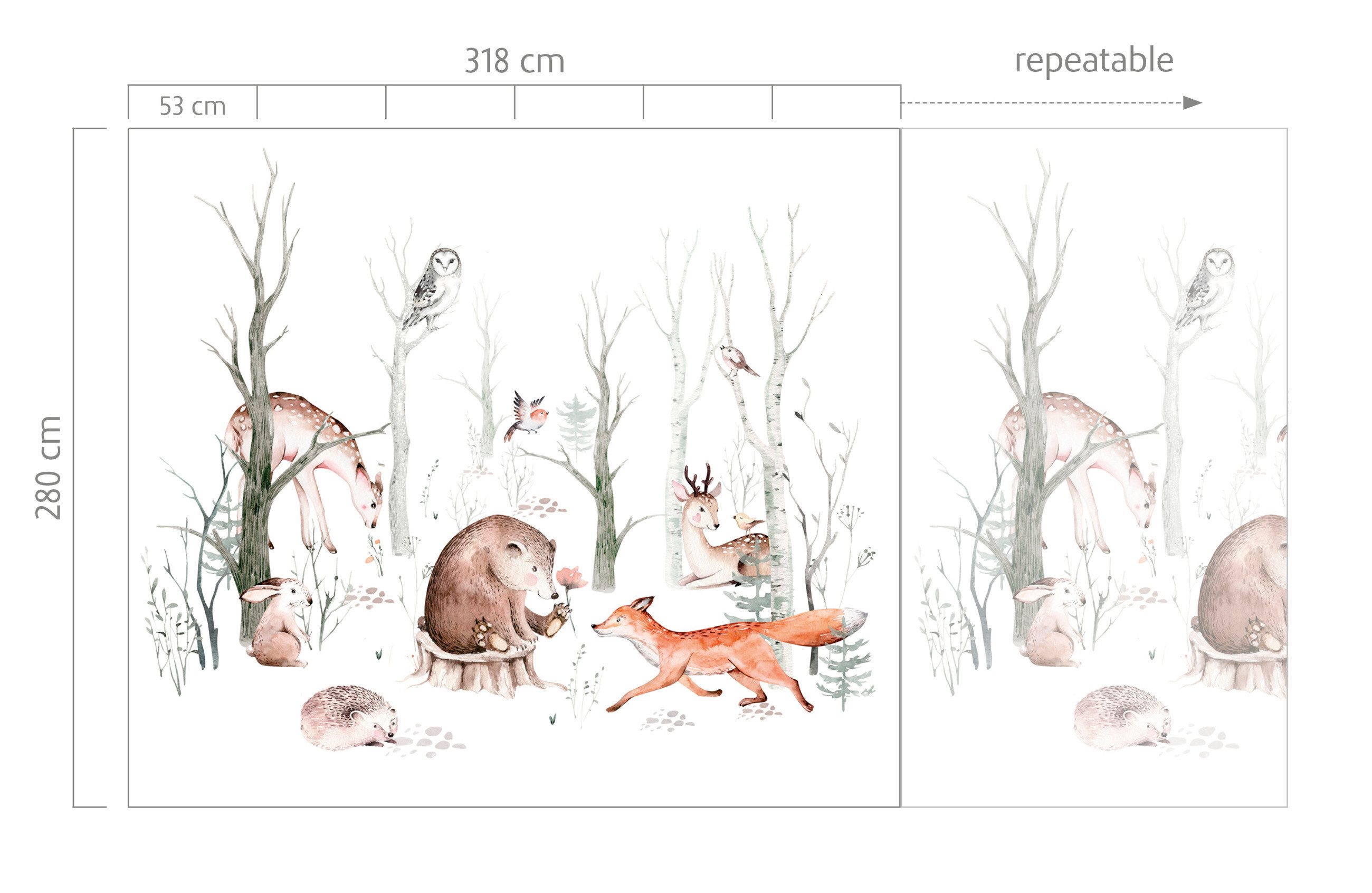 Rasch Fototapete Kinderzimmer Waldtiere - 2,8 m x 3,18 m, strukturiert, Tiere, Wald, Comic, (1 Rolle, 1 St)