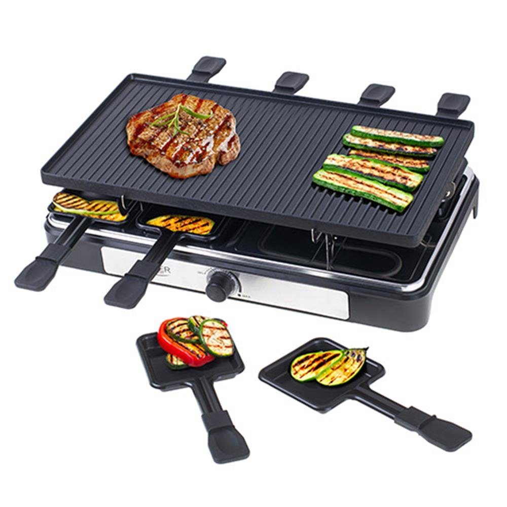 Adler Raclette AD 6616, 8 Raclettepfännchen, 1400,00 W, Elektrogrill, 8 Personen, Tischgrill, Fleisch Gemüse Gerichte, Schwarz