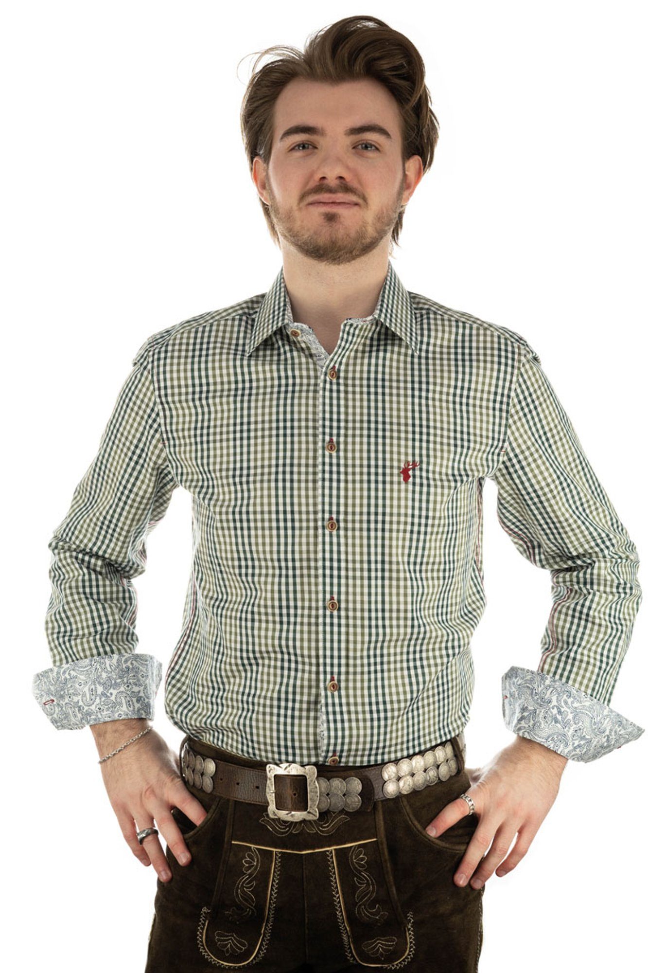 OS-Trachten Trachtenhemd Arkaya Langarmhemd mit Stickerei auf der Brust trachtengrün