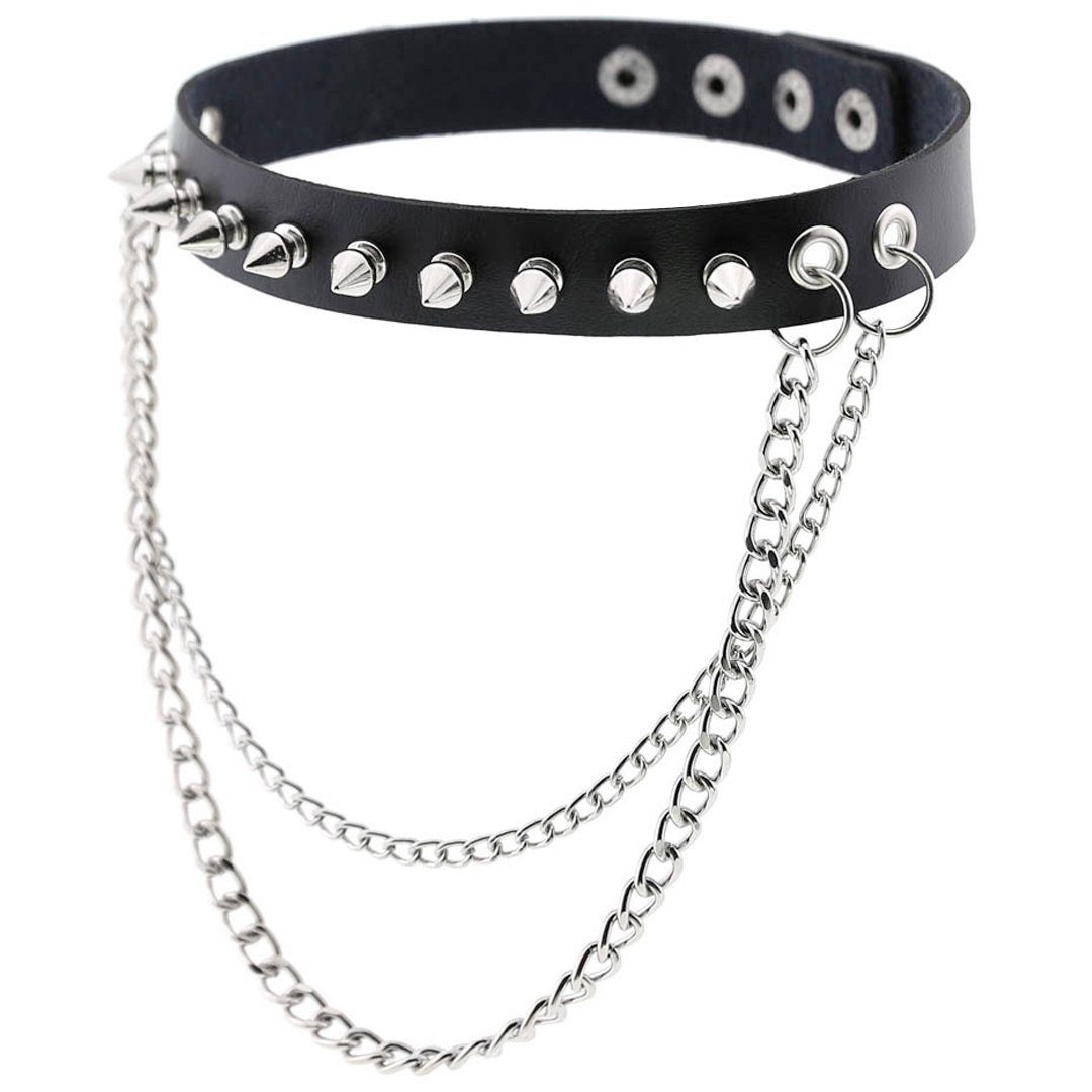Sandritas Erotik-Halsband Halsband mit Nieten und Ketten - schwarz, silber | Bondage-Halsbänder