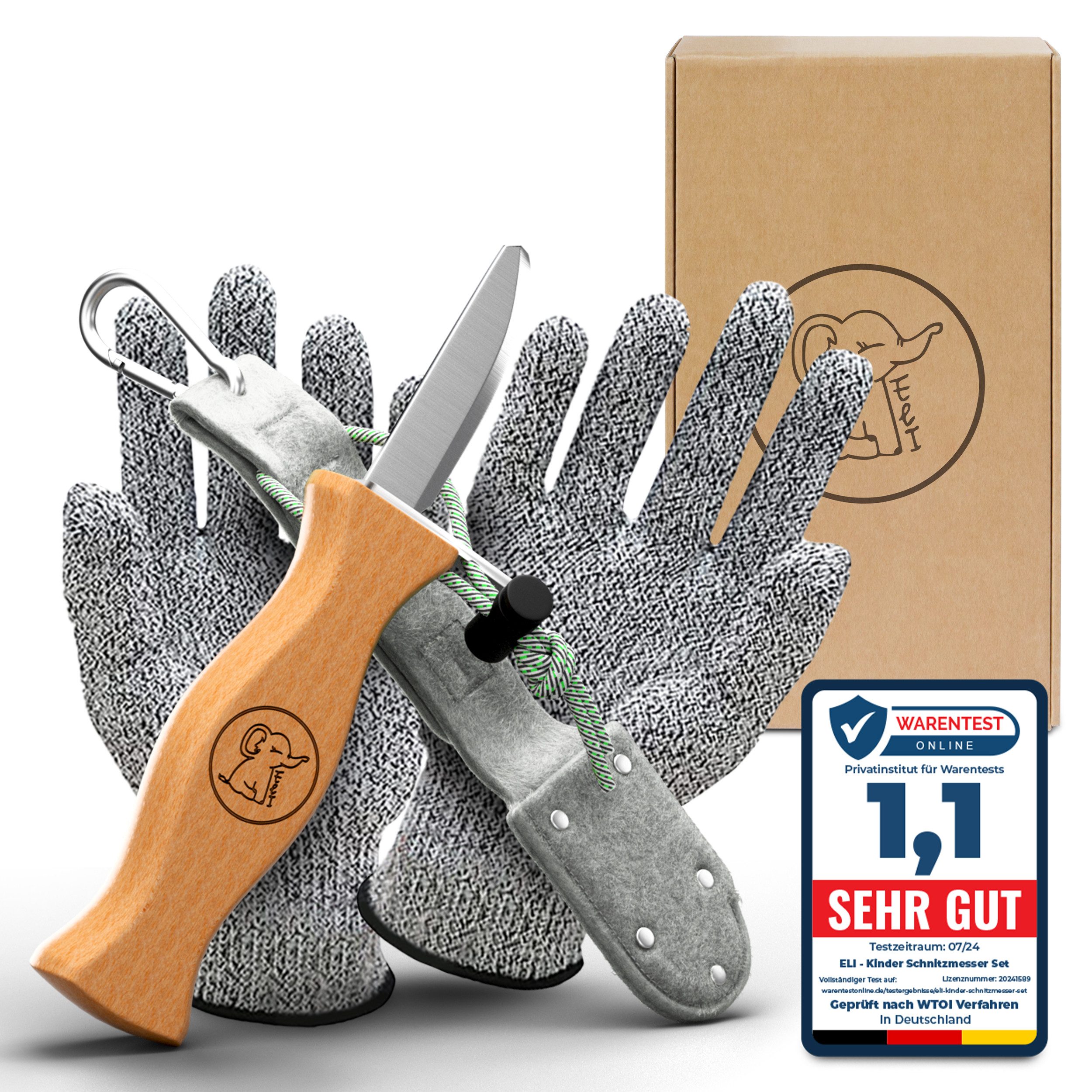 Eli Taschenmesser Schnitzmesser Kinder - Kindermesser mit Filztasche Kindertaschenmesser, (Schnitzwerkzeug - Outdoor Messer, 3 St., Kinderschnitzmesser - Griffe aus Buchenholz), inkl. schnittfeste Handschuhe - Beidhändig - rostfreier Stahl