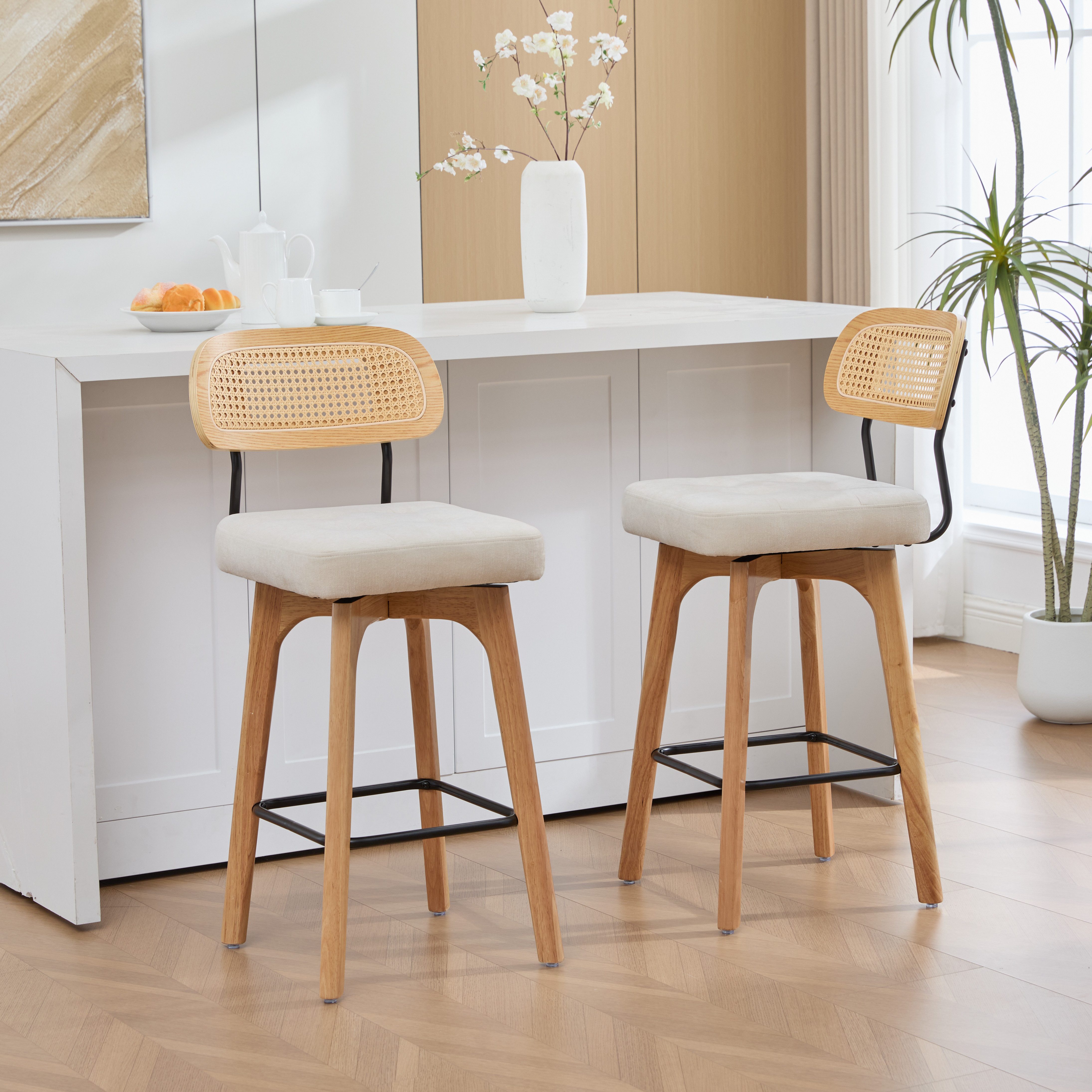 i@home Bistrostuhl 360° drehbare Barhocker,Küchen-und Frühstücksbarhocker mit Rückenlehne (Packung, 2 St), Rückenlehne aus Rattan mit gepolsterter Sitzfläche, weiß, 44x51x96 cm