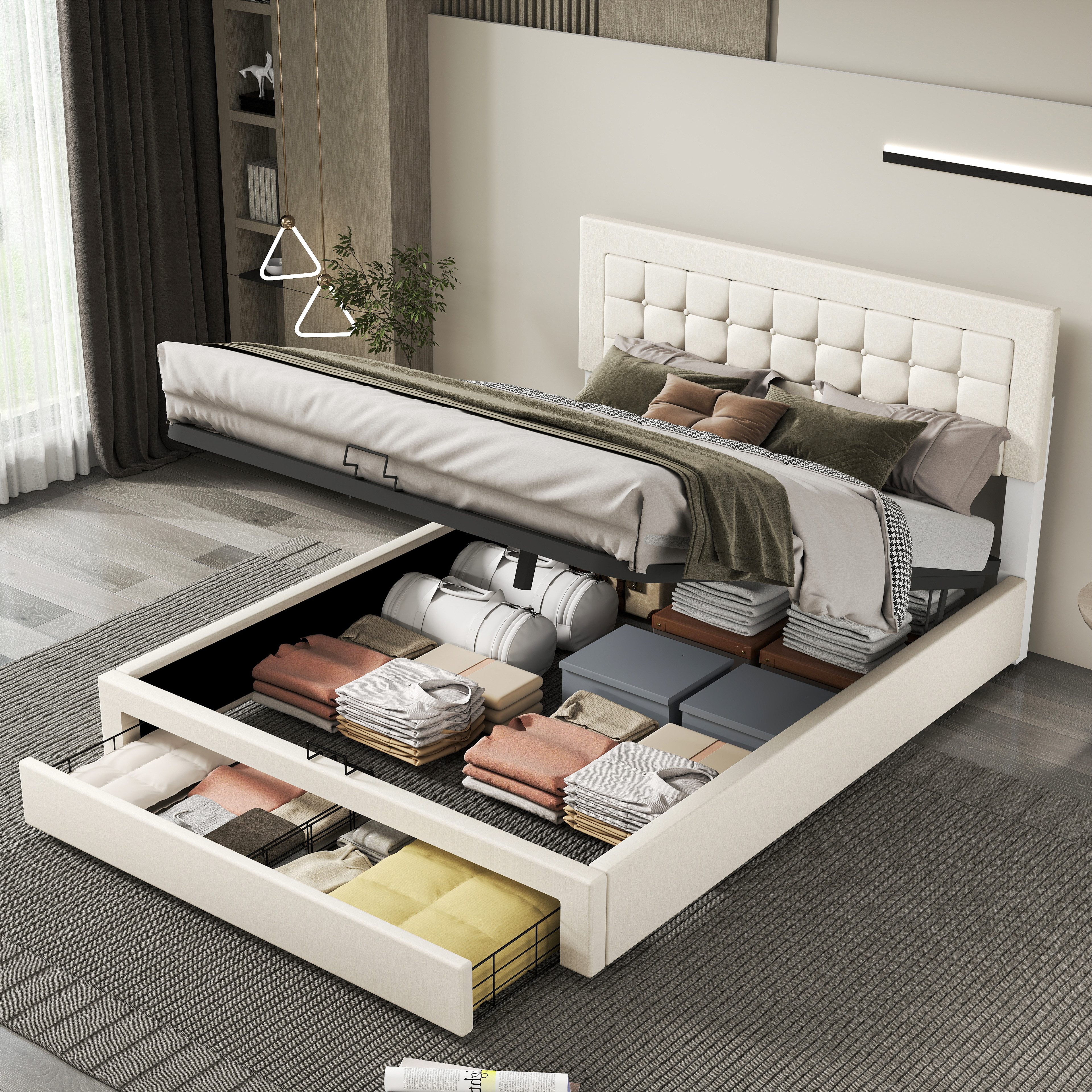 oyajia Polsterbett Doppelbett Polsterbett 140x200cm, Luftdruck anhebbarer Stauraumbett (Leinenmaterial Polsterbett mit Lattenrost und Luftdruckhebel), Modernes Jugendbett, Leises Design, Einfach zu montieren und stabil