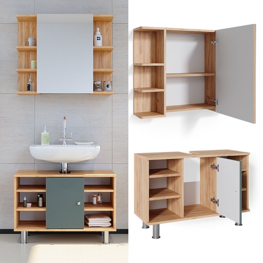 Vicco Badmöbel-Set Fynn, Grün/Goldkraft Eiche, 2 günstig online kaufen