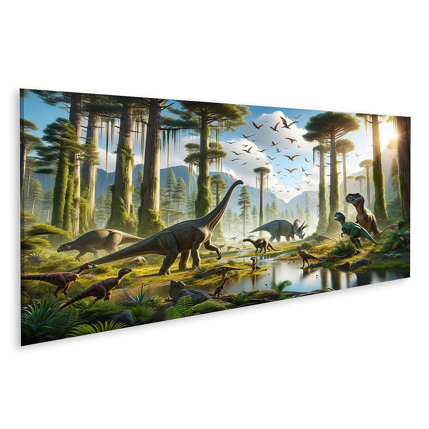 islandburner Leinwandbild Leinwandbild Dinosaurier-Panorama - 120x40cm günstig online kaufen