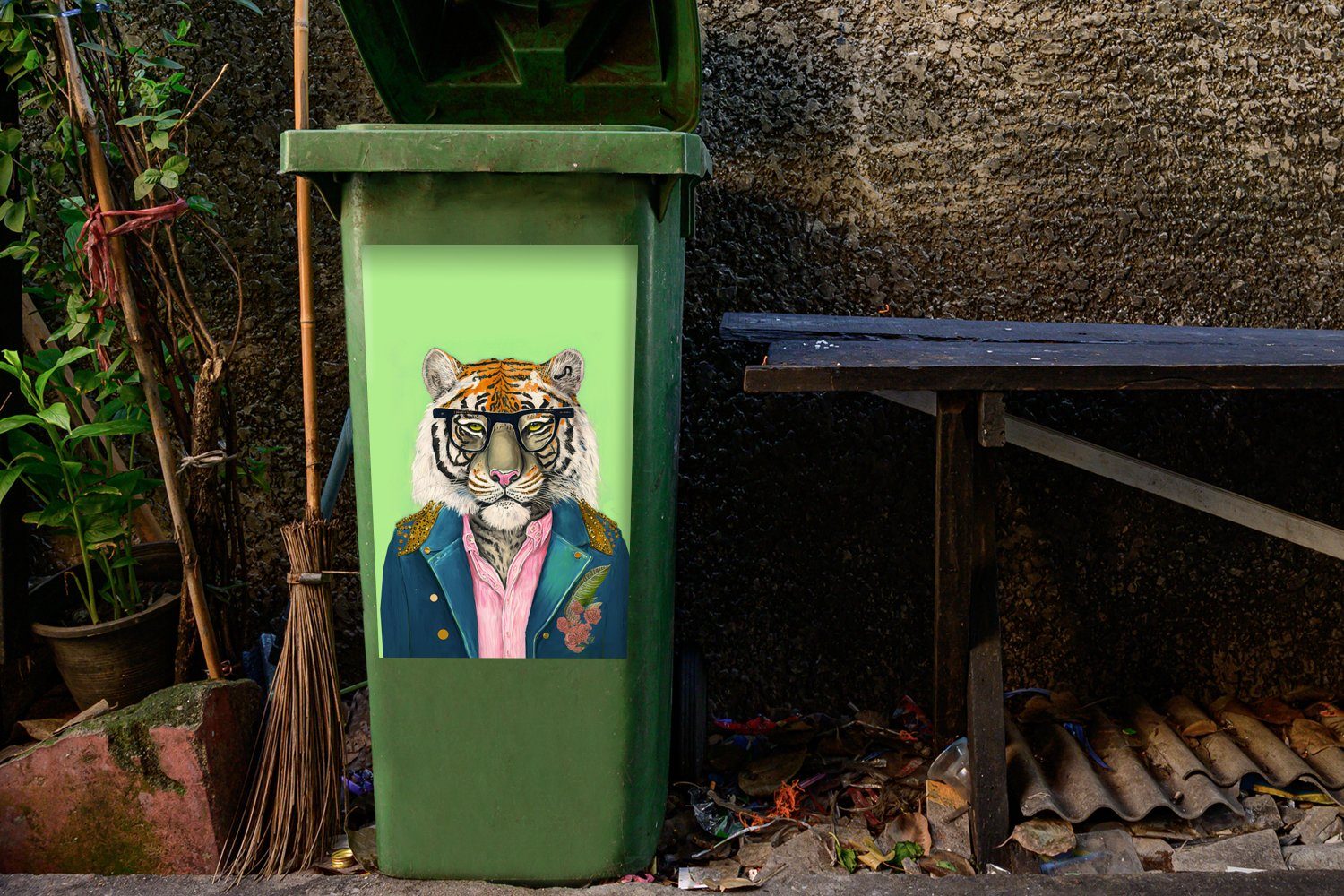 Mülltonne, Abfalbehälter Wandsticker St), (1 - Tiere - Blumen Mülleimer-aufkleber, - Container, Tiger Sticker, - Safari MuchoWow Brillen