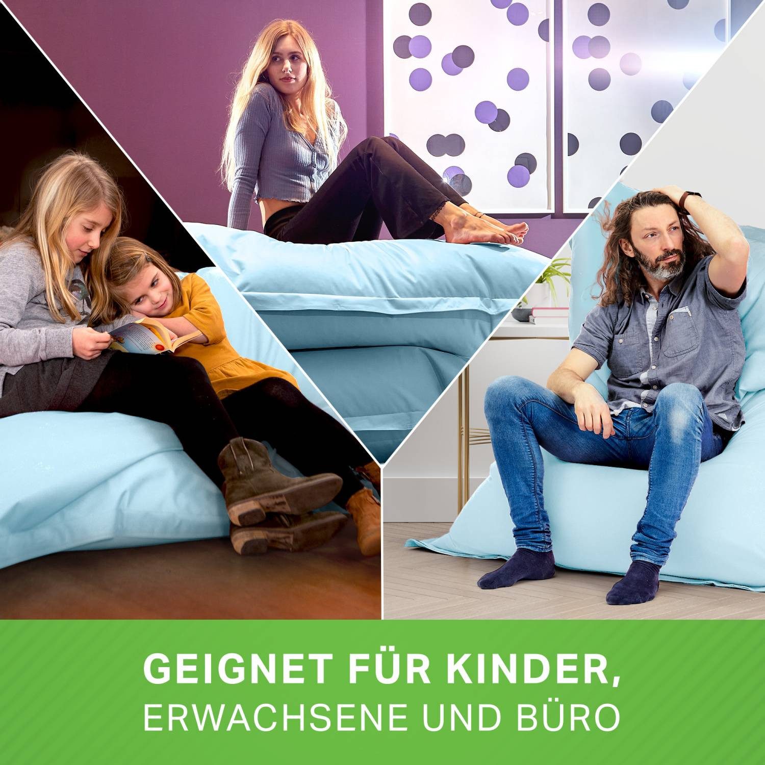 Green Bean Sitzsack XXL Outdoor Sitzsack Square 140x180cm (XXL Riesensitzsack 140x180cm 380 Liter Kinder & Erwachsene Bean Bag EPS Perlen Füllung, Groß Draußen Outdoor Liegekissen), Waschbar Wetterfest Lounge Sitzkissen Bodenkissen