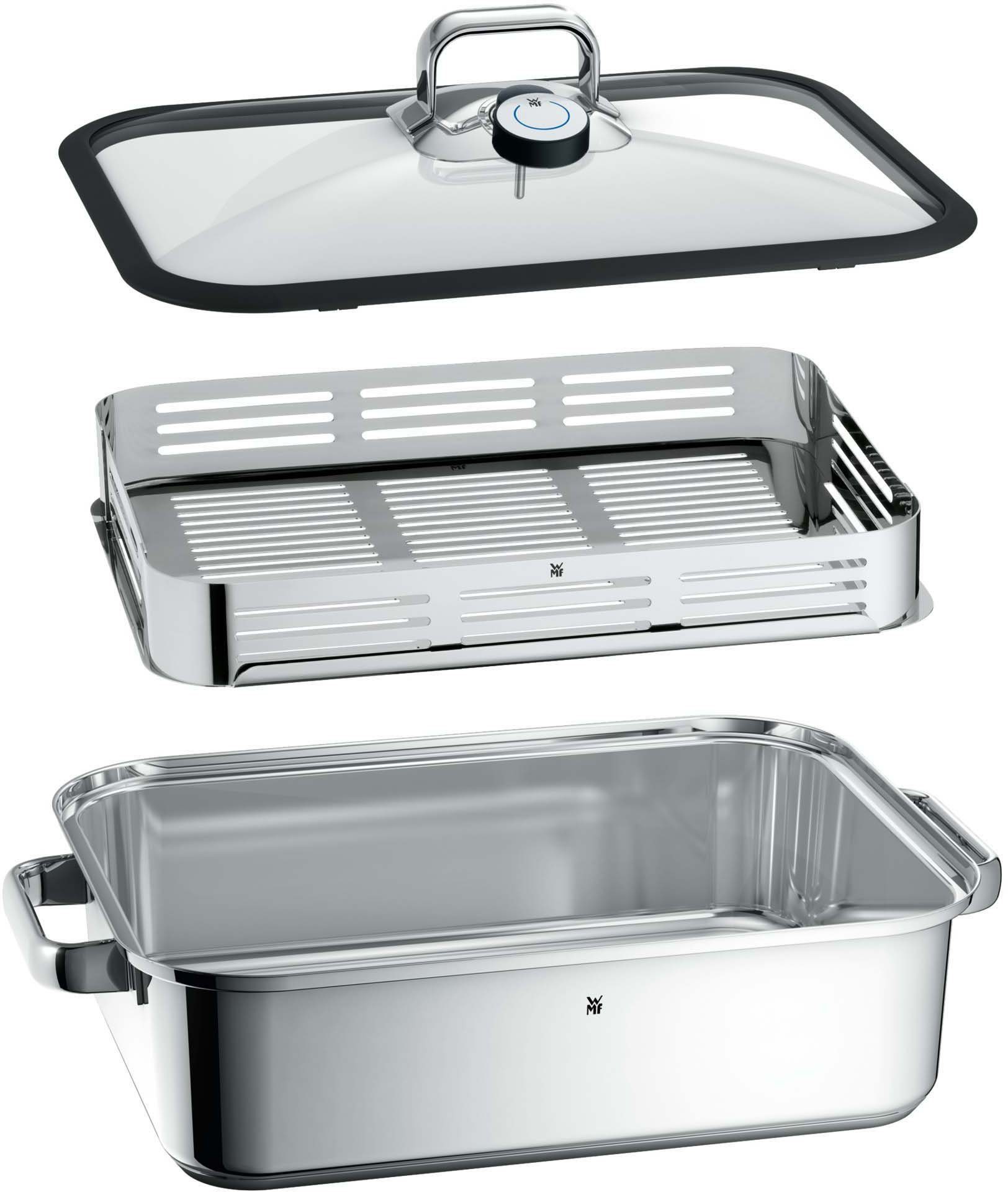 WMF Dampfgartopf Vitalis, Bräter Induktion mit Glasdeckel und Silikonrand, Cromargan® Edelstahl Rostfrei 18/10, Dampfgarer mit integriertem Thermometer, backofengeeignet bis 180 Grad