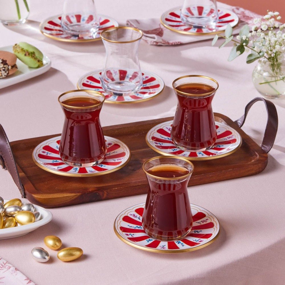 Karaca Teeservice Karaca Bursa Türkische Teegläser mit Untertassen 12-tlg für 6, Rot