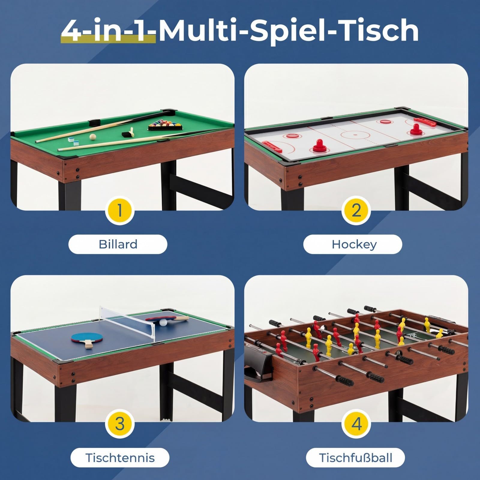 COSTWAY Kickertisch, 4 in 1 Tischkicker mit Billard, Push Hockey, Tischtennis