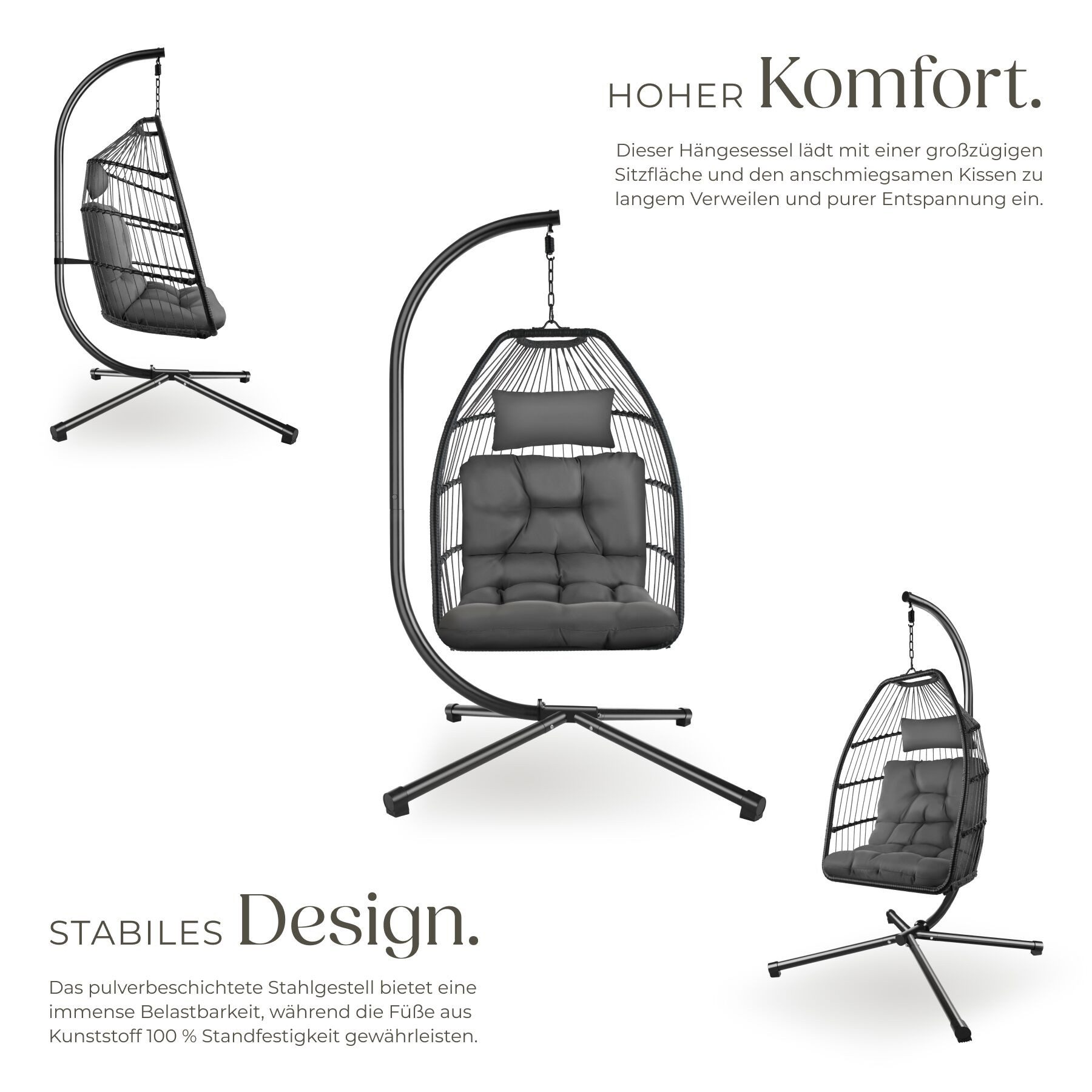 tectake Hängesessel Hängeschaukel mit extra dickem Sitz- und Kopfkissen, 98 x 107 x 202 (Hängestuhl Ariane, bodenschonend und faltbar, Belastbarkeit 160 kg, inklusive Schutzhülle), 360° drehbar mit Federaufhängung