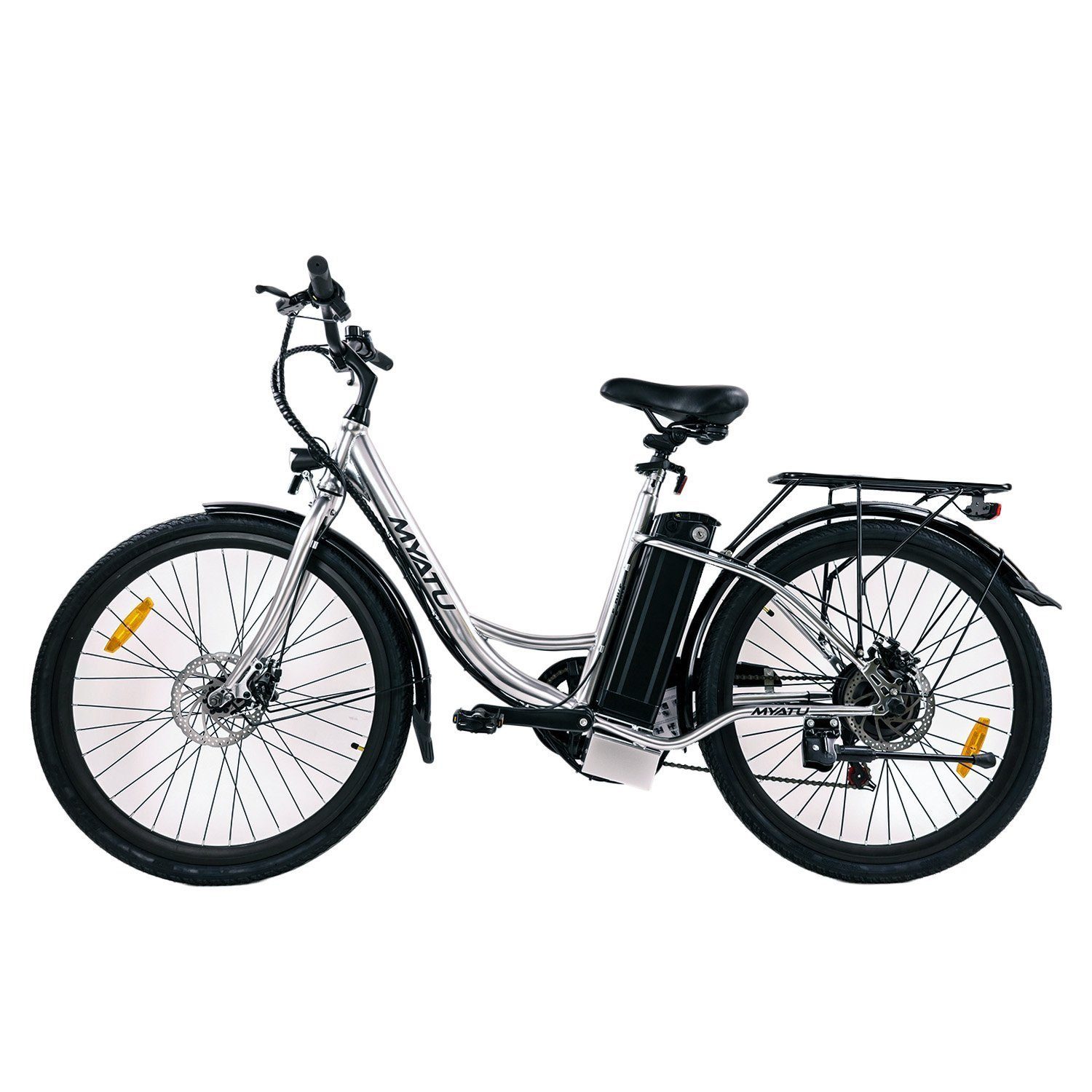 Myatu E-Bike 26 Zoll E- Cityfahrrad Damenfahrrad mit tiefeinsteiger-Rahmen, 6 Gang, Hinterradmotor, Reichweite von bis zu 100km Silber