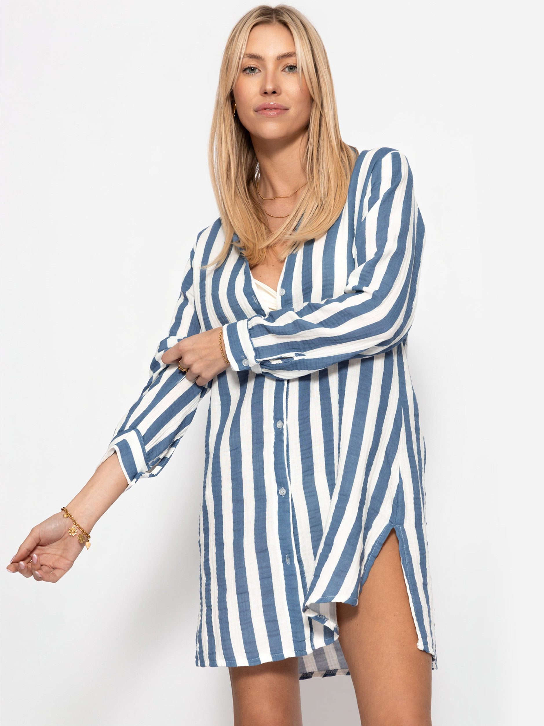 SASSYCLASSY Strandkleid Gestreiftes Strandkleid für Damen Weiches Hemdblusenkleid aus Musselin mit langen Ärmeln Blau Taupe – Bild 4 von 5
