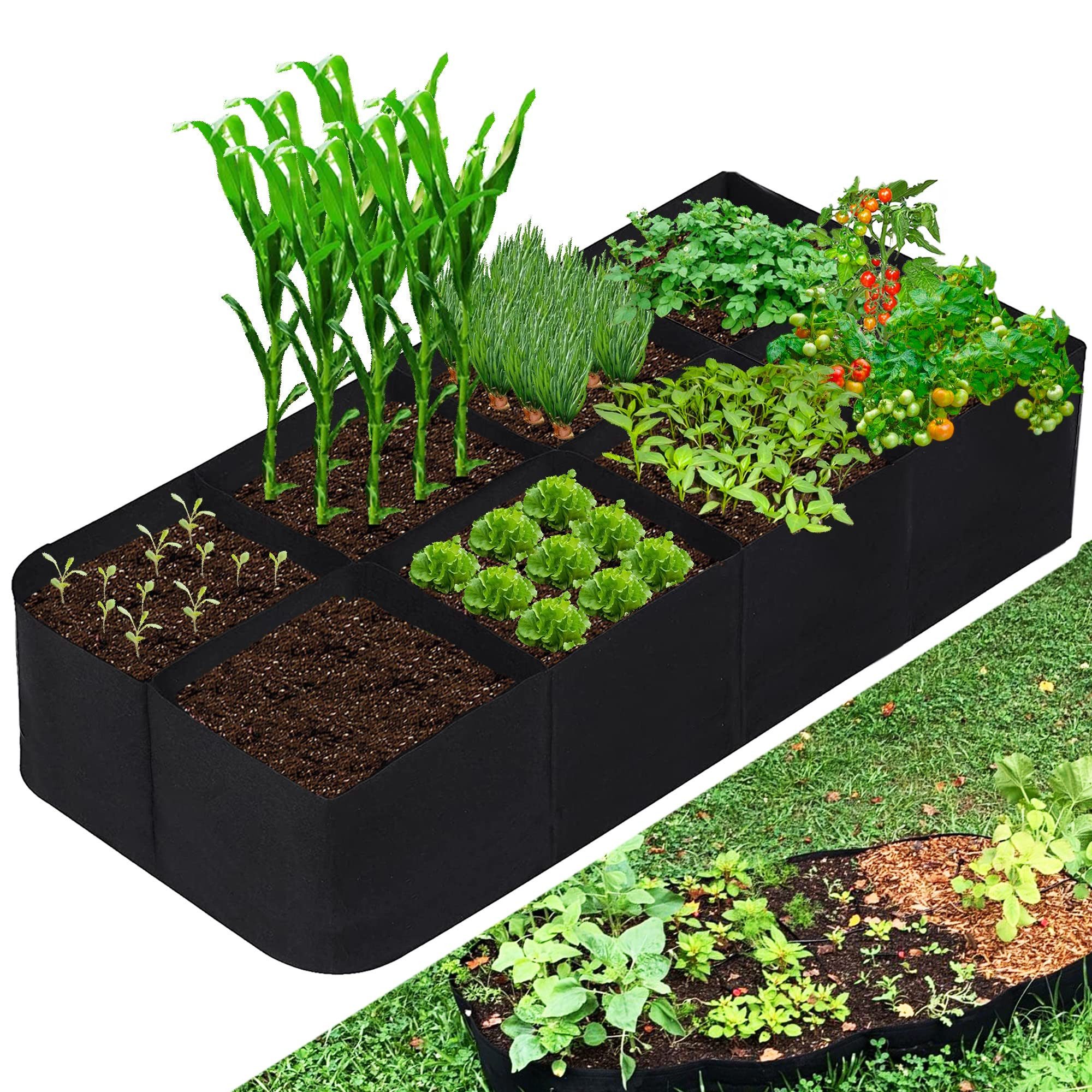 MOPUEA Pflanzkübel Pflanzsack 8 Fächer Rechteckiger Pflanztasche Atmungsaktiv Faltbar (Hochbeet Pflanzsack mit 8 Pflanzfächern, Pflanzsack aus Vliesstoff für Gemüse Kräuter und Blumen), Atmungsaktiv faltbar wiederverwendbar mit 8 Fächern