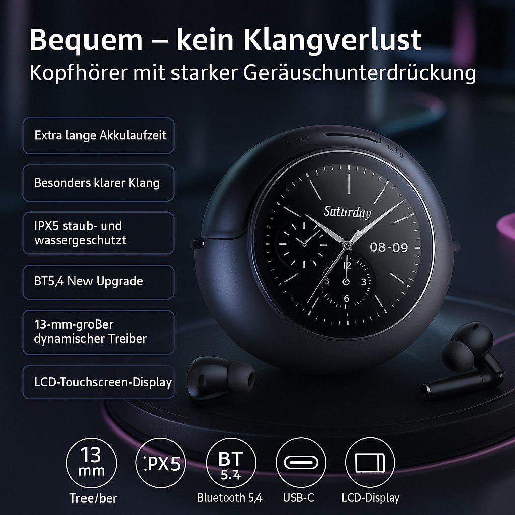 SpionProfi Bluetooth 5.4 Headset In-Ear Kopfhörer mit Touchscreen Ladecase Headset (Bluetooth 5.4 Headset Wireless Earbuds mit Touchscreen Ladecase)