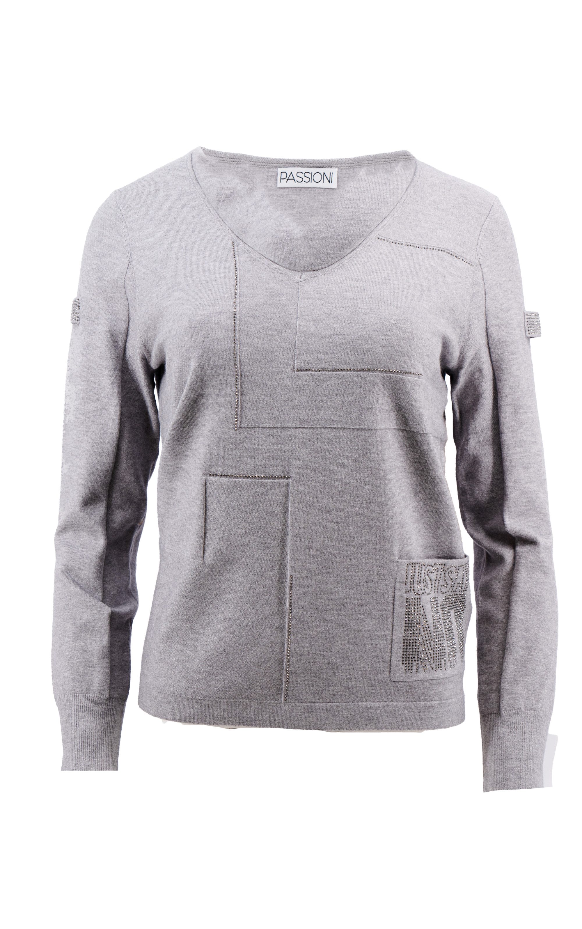 Strickpullover in Grau mit V-Ausschnitt, Vordertasche und Strassdetails