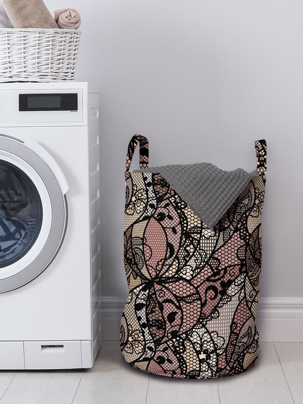 Schwarz-Spitze-Muster Kordelzugverschluss Wäschesäckchen viktorianisch Waschsalons, Wäschekorb mit Abakuhaus Griffen für