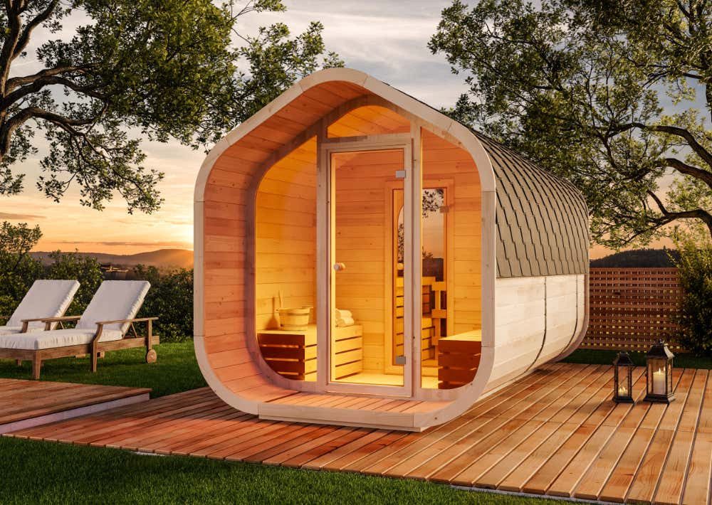FinnTherm Fasssauna ScandiCube Wave Deluxe, BxTxH: 237 x 406 x 249 cm, 42 mm, in Naturbelassen Inkl. Fußboden