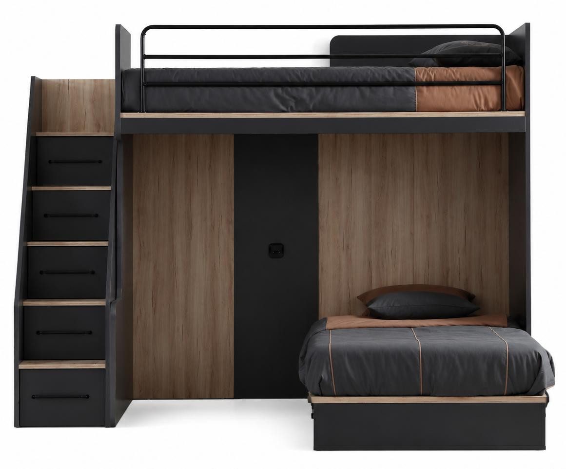 JVmoebel Etagenbett Etagenbett Hochbett Holz Braun Treppe Stauraum Jugendbett (Einzelstück, 1-St., 1-tlg)