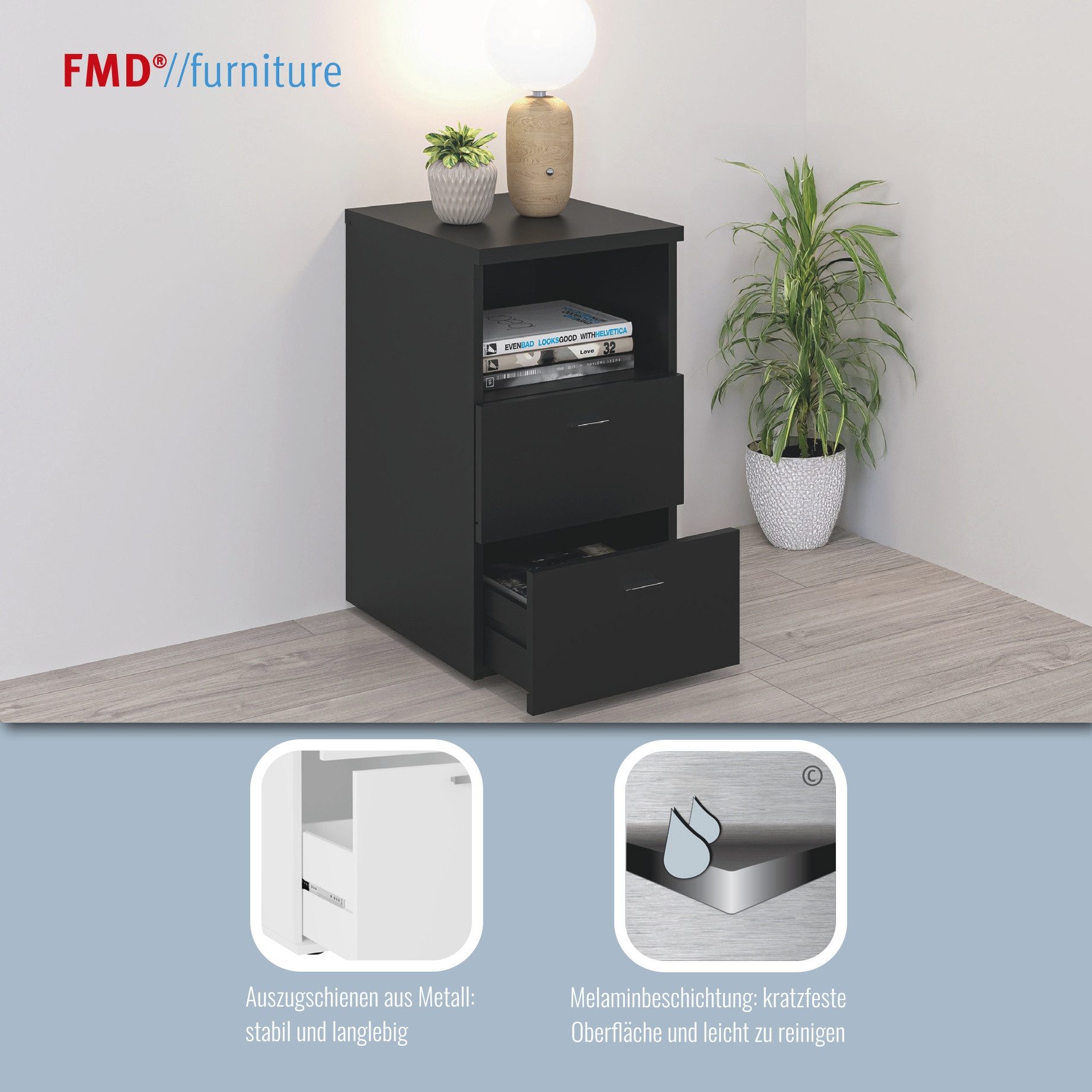 FMD Nachtkonsole Suva, Nachttisch m. 2 Schubkästen und offenem Fach, 60 cm hoch, 35 cm breit