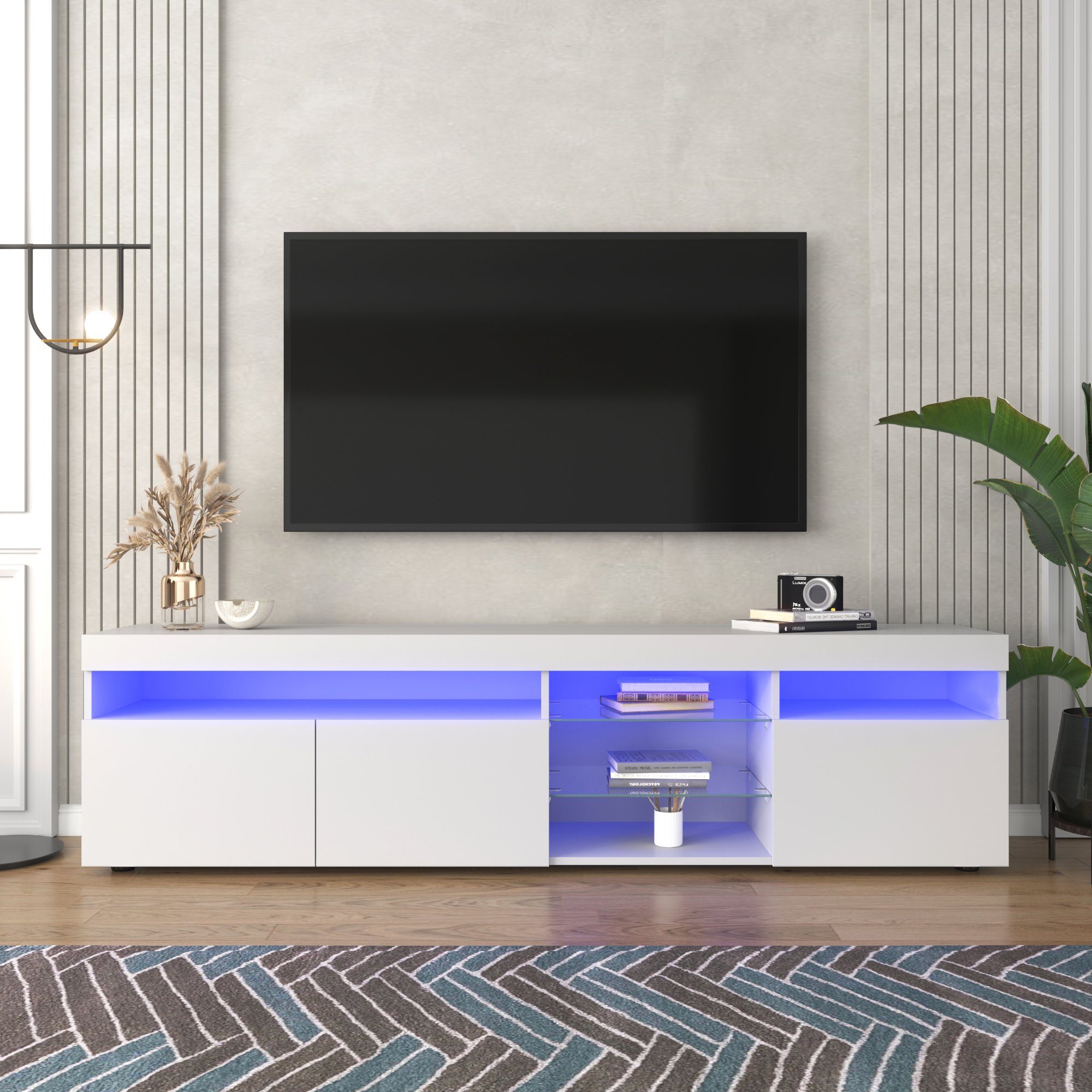2 LED-Beleuchtung, Fernschrank mit Ulife Weißer Lowboard Glasablagen Fernsehtisch, TV-Schrank, Mit