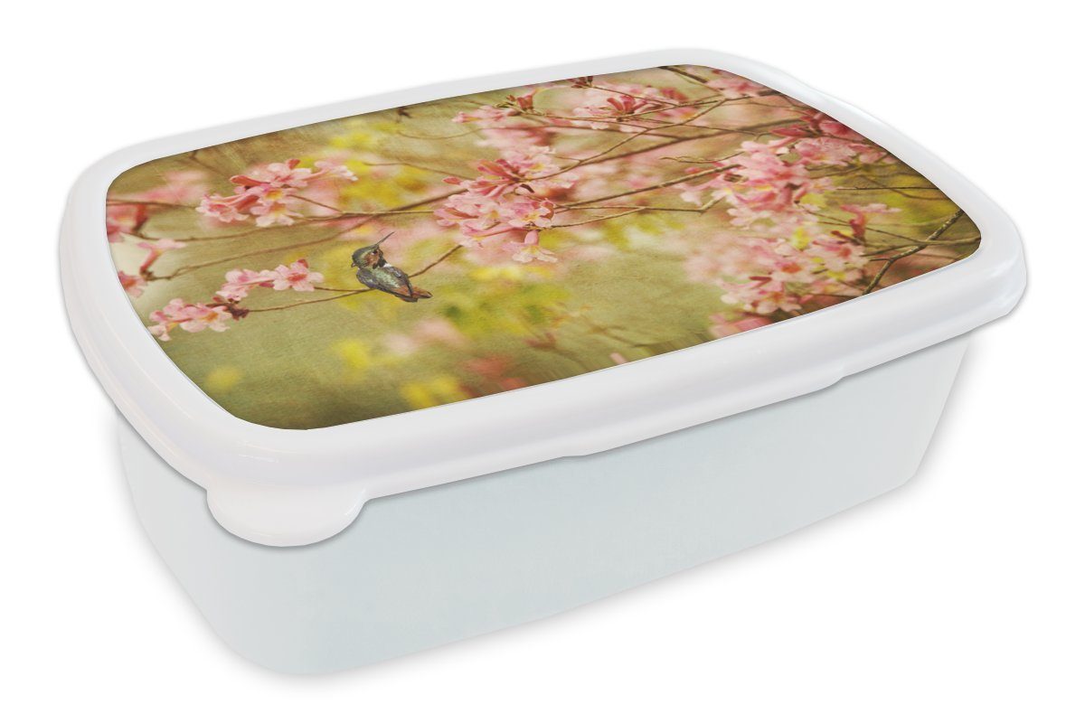 MuchoWow Lunchbox Vogel - Kolibri - Blüte - Rosa, Kunststoff, (2-tlg), Brotbox für Kinder und Erwachsene, Brotdose, für Jungs und Mädchen weiß