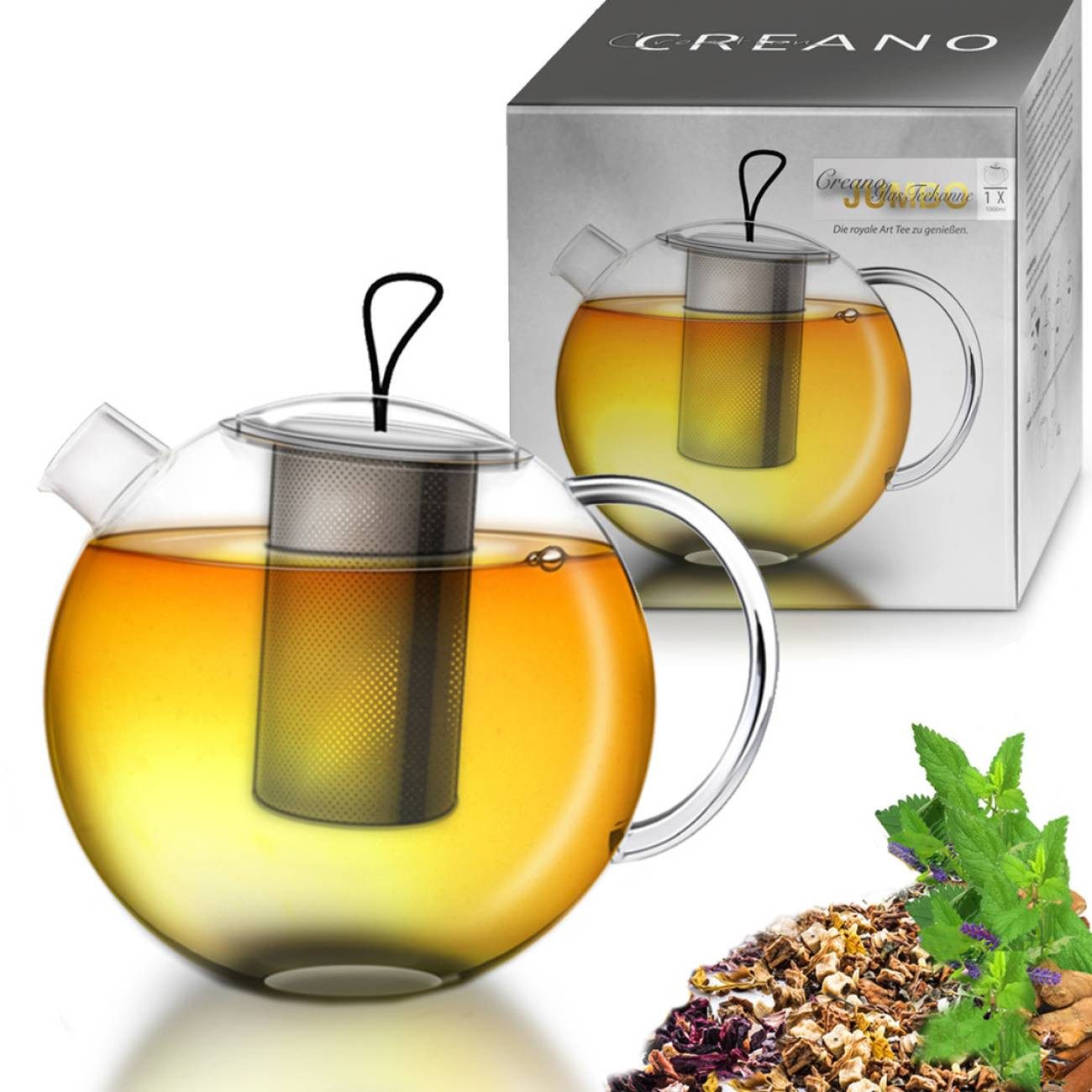 Creano Teekanne Teekanne 1,0l “Jumbo”, 250 l, (Set, 1 Teekanne, 1 Deckel), Mit Silikonschlaufe