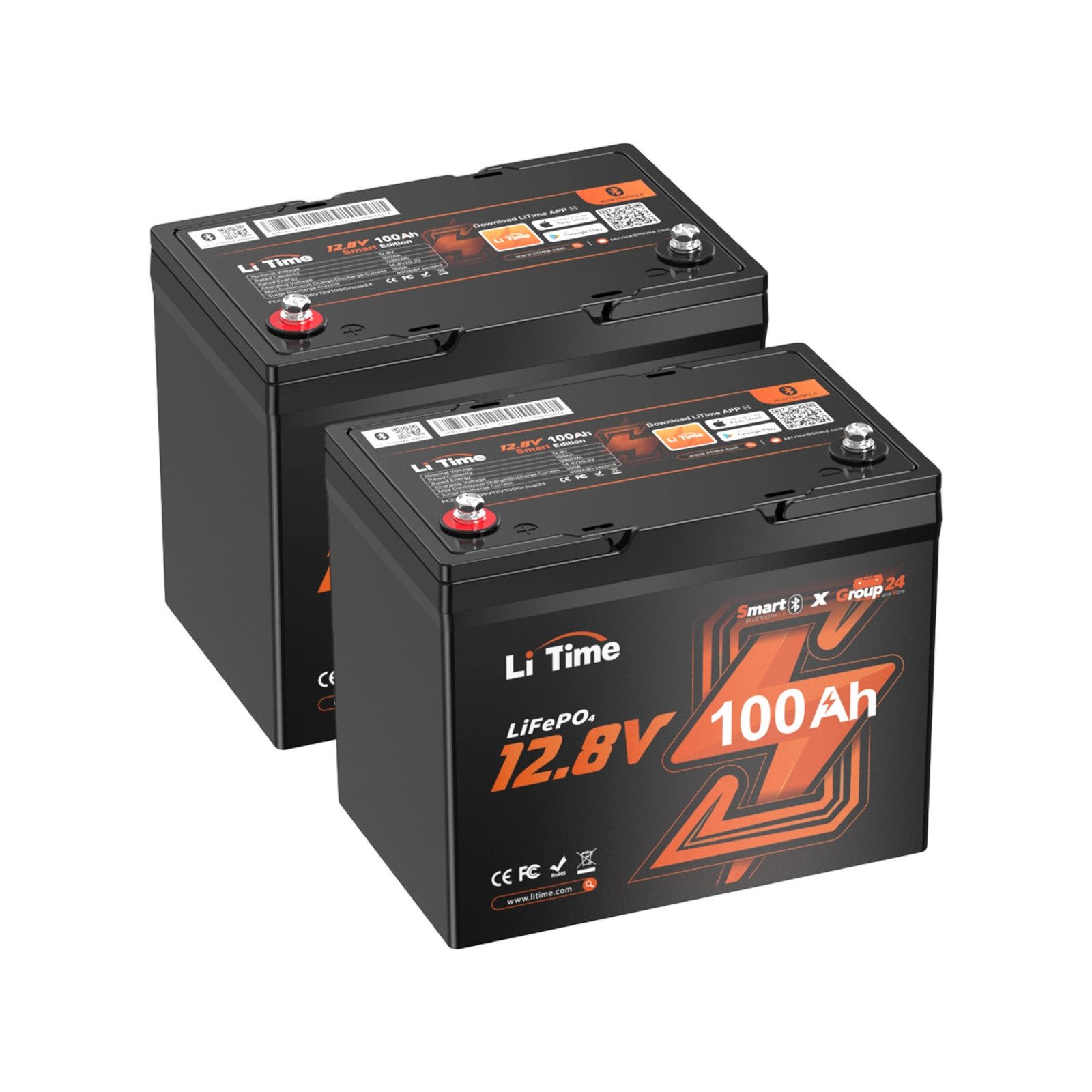 LiTime 12V 100Ah LiFePO4 Batterie der Gruppe 24 mit Bluetooth Solarakkus (12 V), Solarspeicher für Mini Camper Boot, 260x168x210 mm