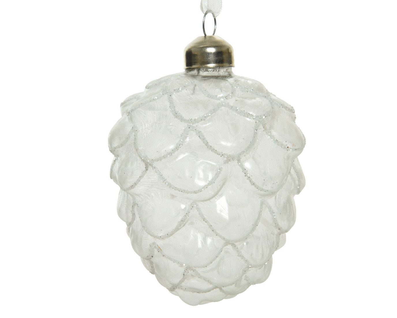 Kaemingk Christbaumschmuck, Christbaumschmuck Zapfen Glas 10cm 12er Set weiß / klar gefrostet