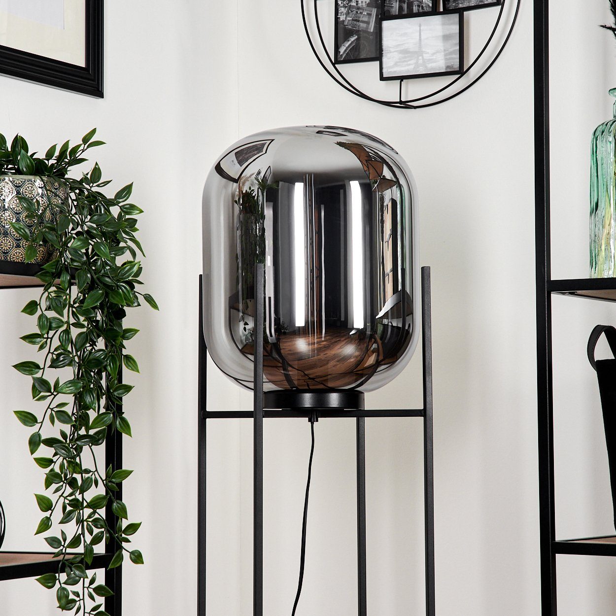 hofstein Stehlampe moderne Stehlampe aus Metall/Glas in Schwarz/Chromfarben, ohne Leuchtmittel, Standleuchte, Glasschrim Ø30cm, Fußschalter, 1x E27, ohne Leuchtmittel