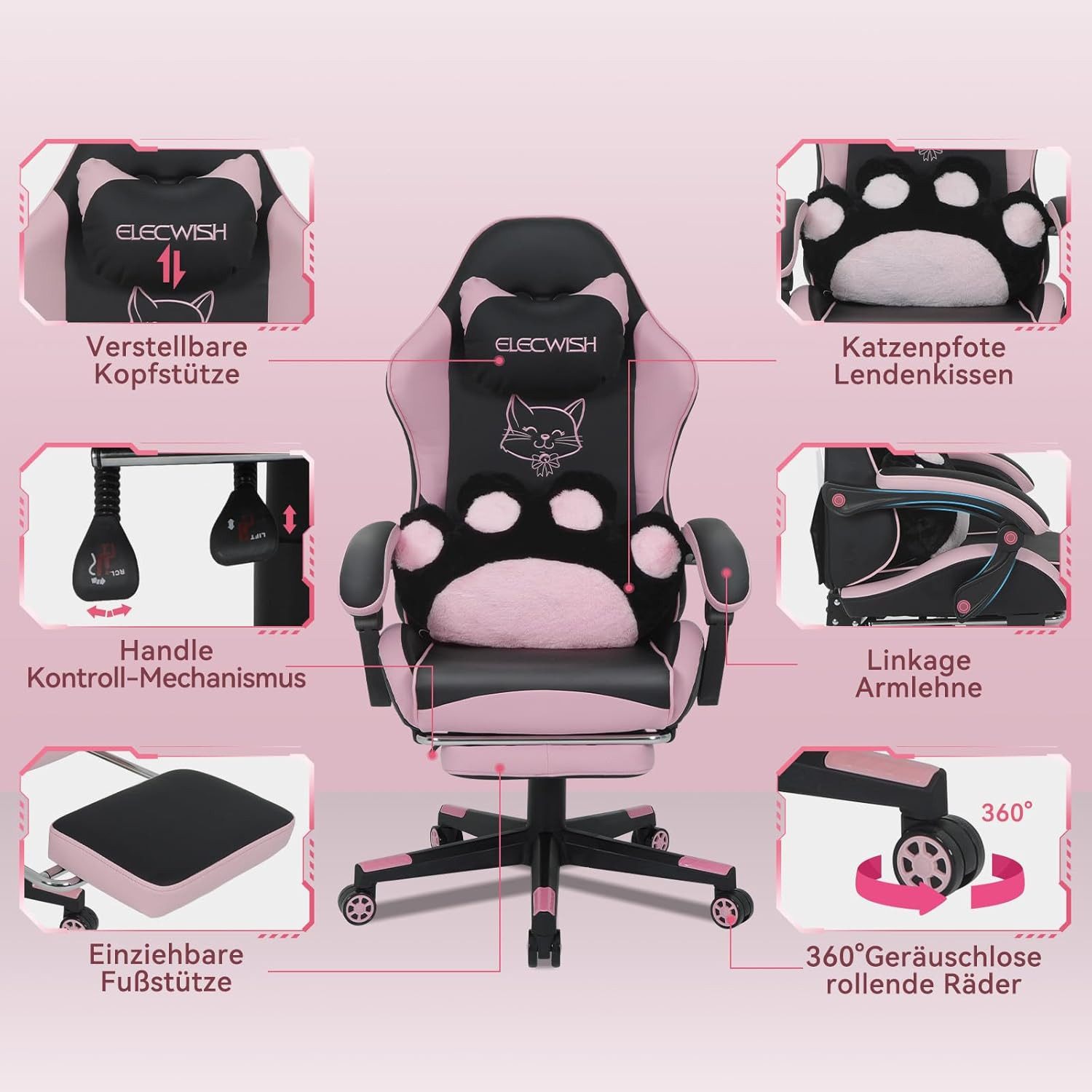 Puluomis Gaming-Stuhl Bürostuhl Ergonomisch mit Katzenpfote Lendenkissen un günstig online kaufen