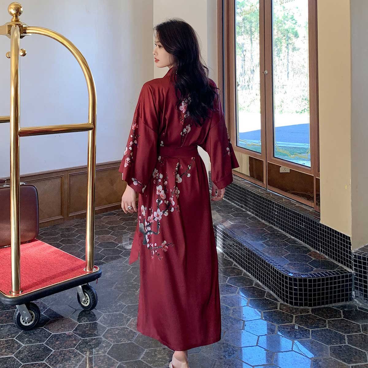 Vivi Idee Morgenmantel Bademantel Schlafmantel kimono lang leicht satin Sauna Einheitsgröße, Kimono-Kragen, Bindegürtel, Seidig