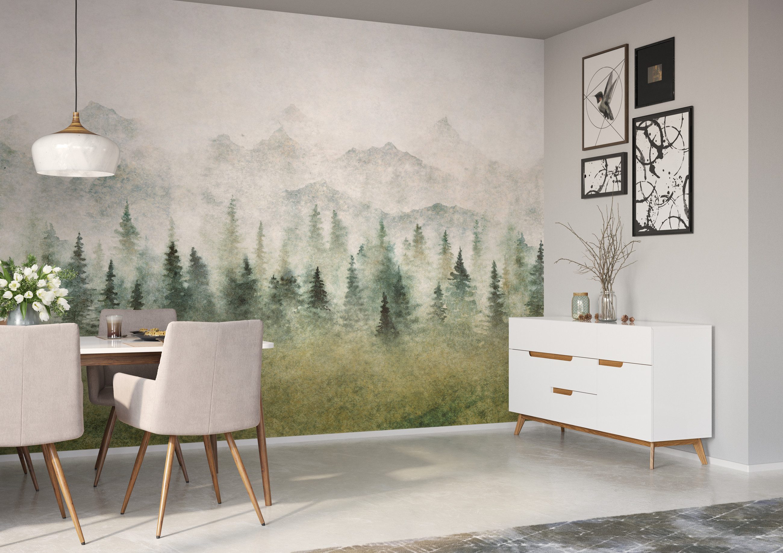 Rasch Fototapete Bäume, Wald & Wolken - Vliestapete Grün, bedruckt, (1 Rolle, 1 St., 2,65 m x 5,83 m), Lichtbeständige Farben - Feucht abwischbar - Restlost abziehbar