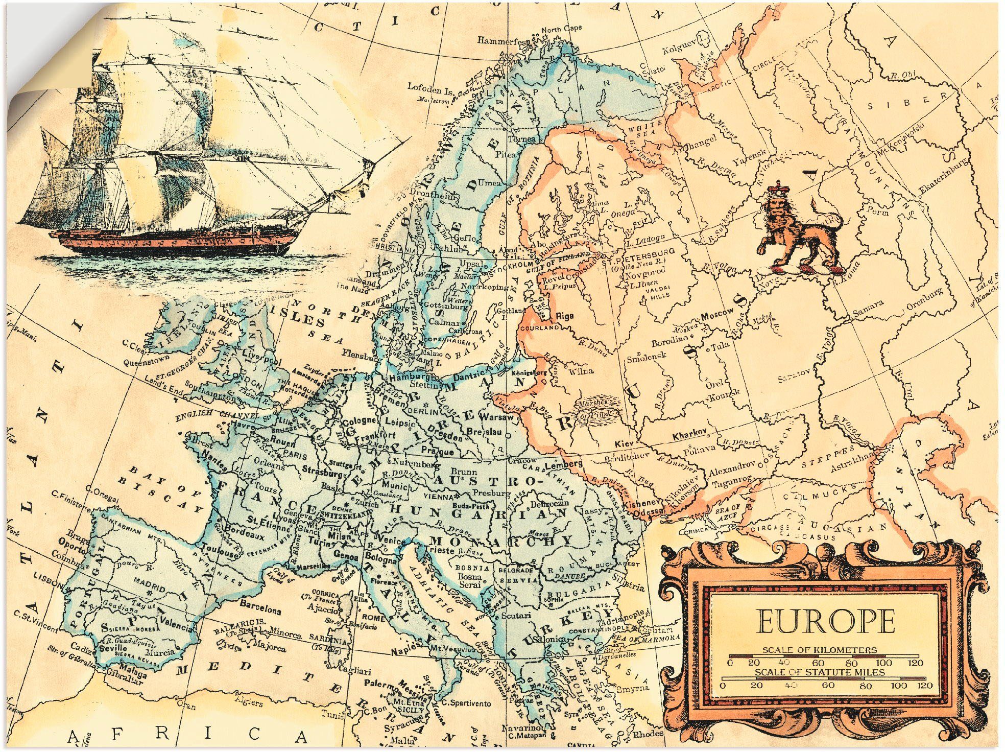 Landkarten (1 versch. als Leinwandbild, oder St), Europakarte, Wandbild Wandaufkleber in Poster Alubild, Größen Artland