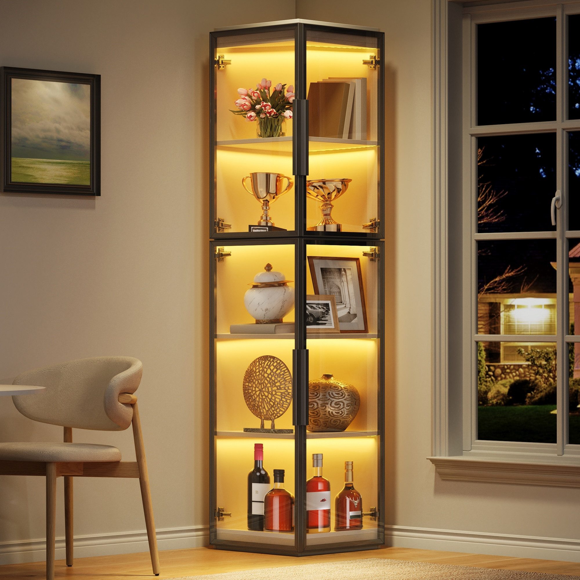 Flieks Eckvitrine Eckschrank mit LED-Beleuchtung und 4 Acryltüren (1-St., 40x40x170 cm) Standvitrine Hochschrank Sammlervitrine mit 5 Fächern/Ebenen